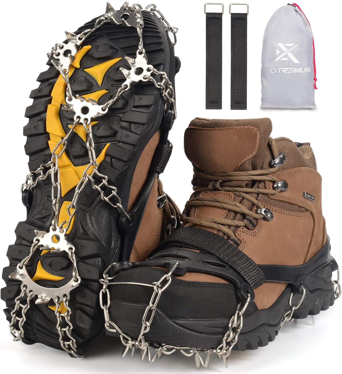 Extremus 23-Spike Ice Cleats, Crampons for Men or Women, Abrasion Resistant 201 Stainless Steel, 23 Individual Spikes On Each Foot, Flexible Silicone Frame, Tensioning Straps, Storage Bag