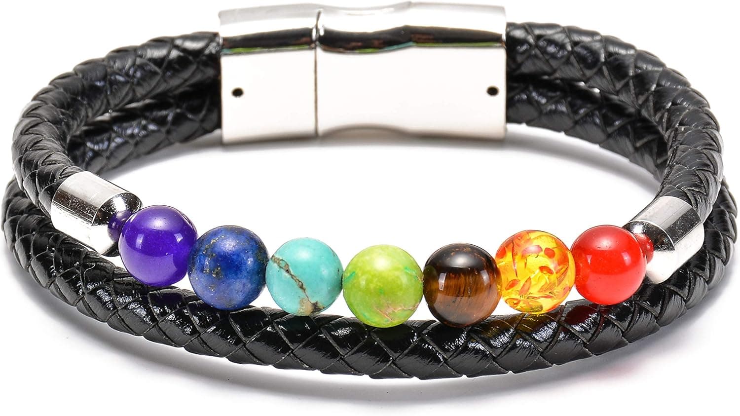 Joan Nunu Chakra Bracelet 7 Chakras Yoga Natural Healing Genuine Leather Bead Bracelet Lava Rock Bracelet Men Women Magnetic Clasp