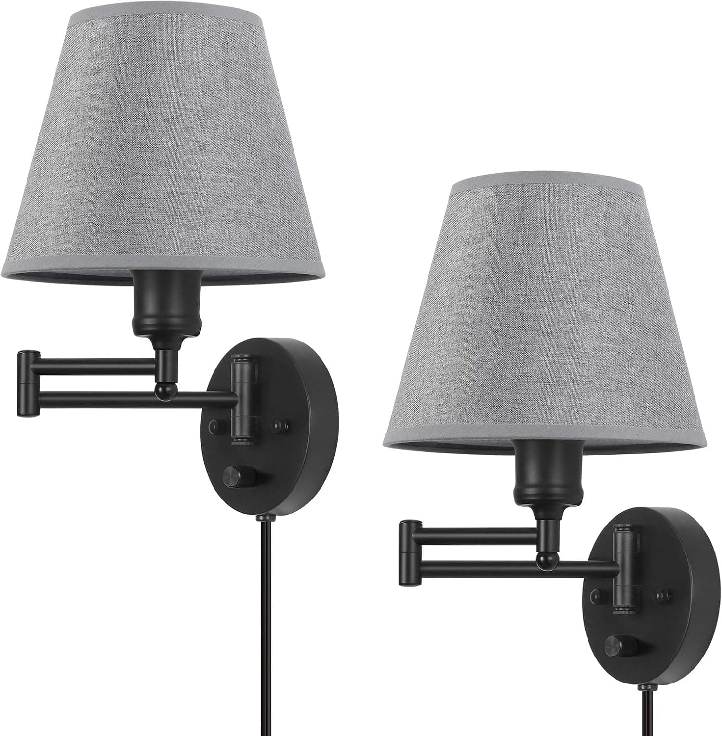 CADUKE Plug in Wall Light Set of 2, Dimmable Wall Sconce, Swing Arm Wall Fixture with Gray Linen Lampshade, Modern Bedroom Wall Lights Fixtures,Bedside Reading Lamp