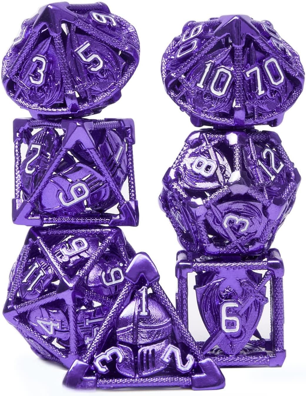 Purple Metal D&D Dice Set - 7 Die Hollow Polyhedral Dice with Shield Swords and Helmet for Dungeons and Dragons, MTG - DNDWoW HKZW