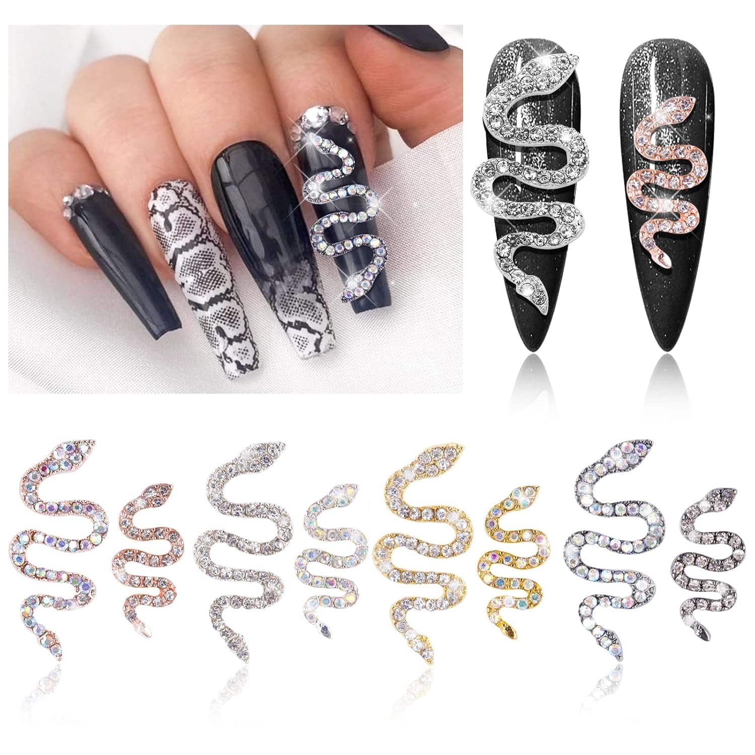 16 Pieces Snake Nail Charms Rhinestones EBANKU Metal Charm for Nails Alloy AB Crystals Flatback Gems Diamonds
