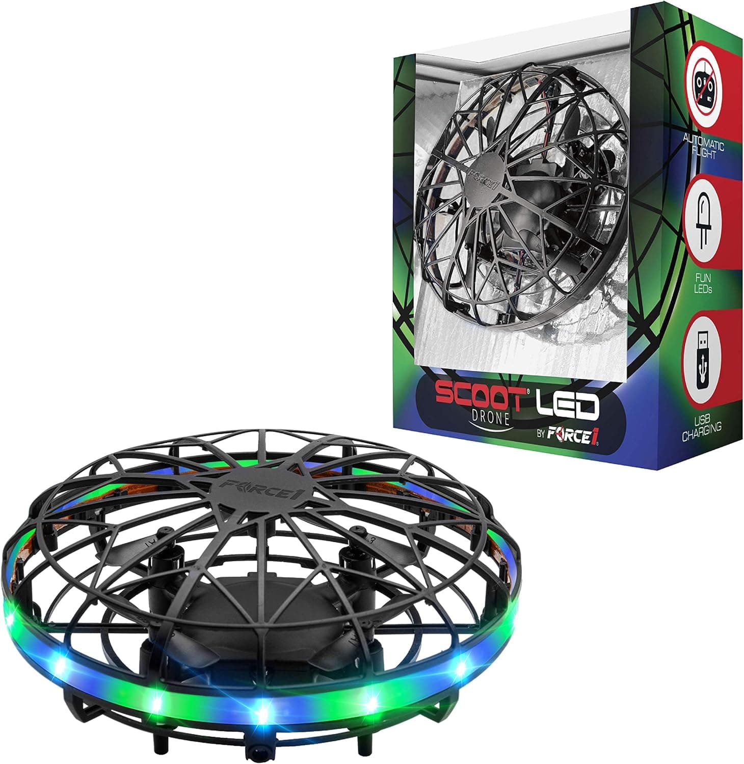 Force1 Scoot LED Hand Operated Drone for Kids or Adults - Hands Free Motion Sensor Mini Drone, Easy Indoor Small UFO Toy Flying Ball Drone Toy for Boys and Girls (Green/Blue)