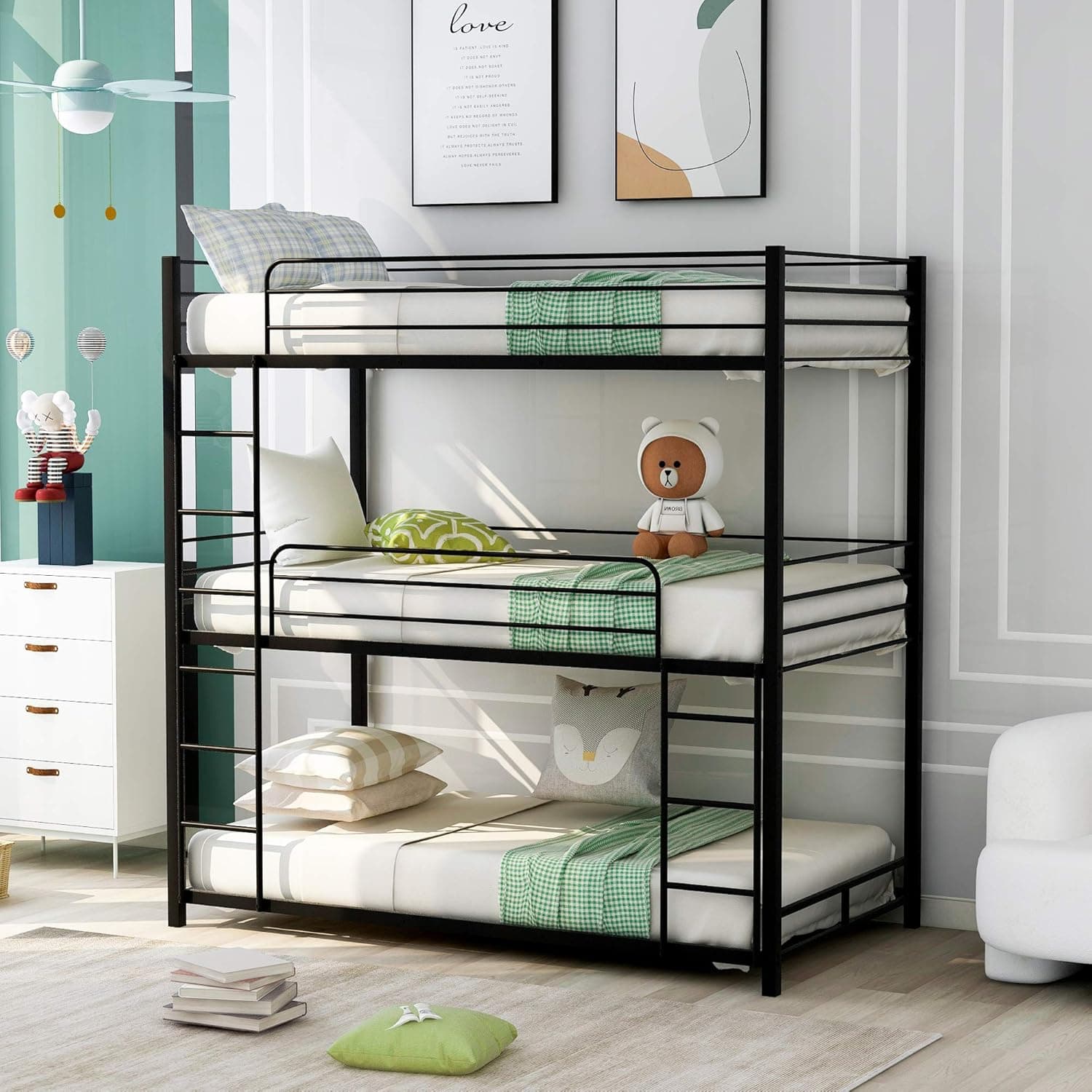 Metal Triple Bunk Beds Twin Over Twin Over Twin Bunk Beds Frame with Safety Guardrails and Built-in Ladder for Kids & Teens (Black+Metal)