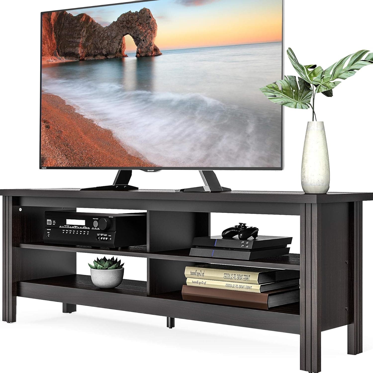 WAMPAT Farmhouse Wood TV Stand for 65 inch Flat Screen Media Console Storage Cabinet, Entertainment Center for Living Room, Black