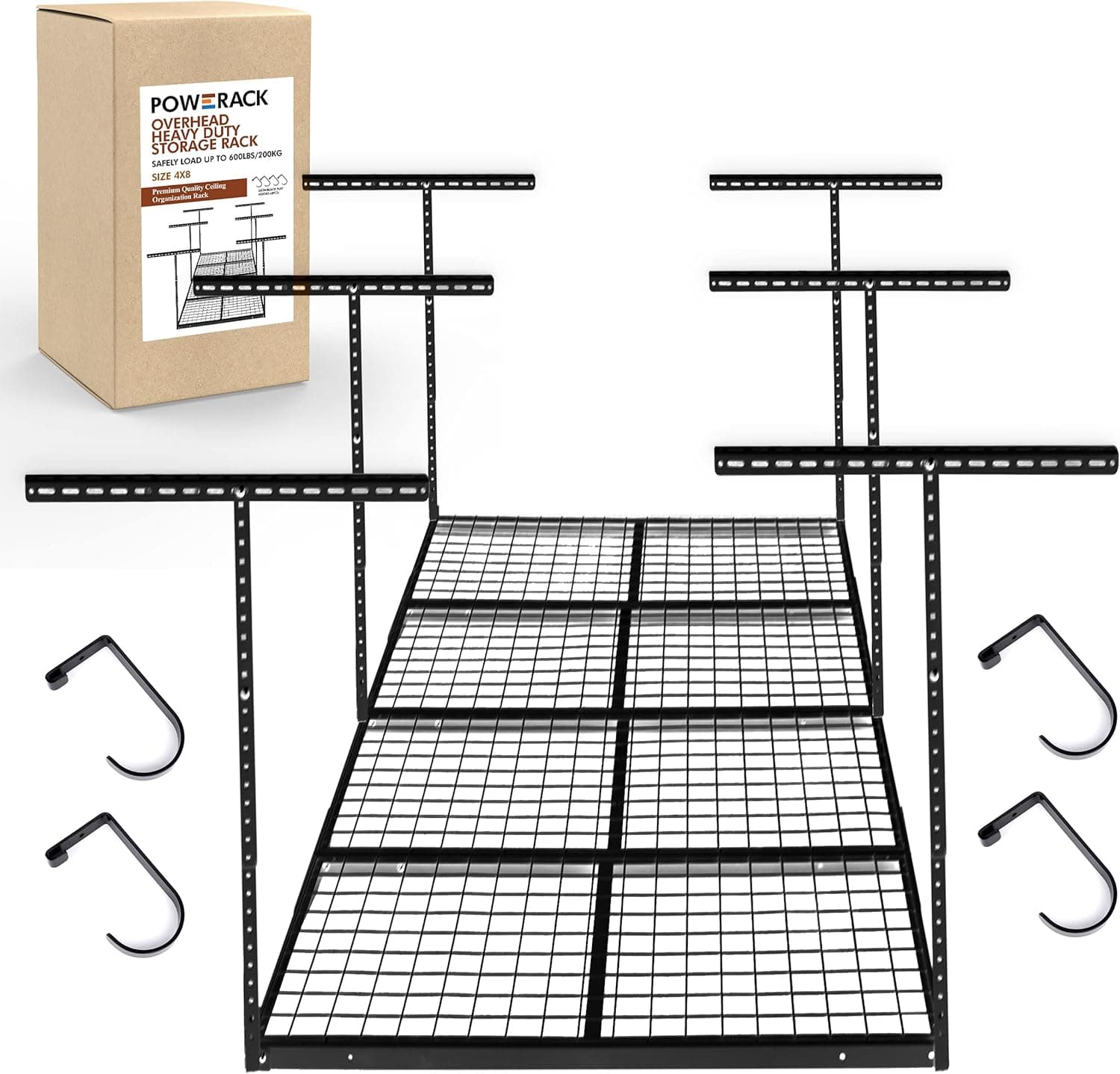 POWERACK Overhead Garage Shelving Storage Rack | Adjustable 4’ x 8’ Garage Ceiling Storage Racks | 22-40" Ceiling Dropdown | Heavy Duty Garage Overhead Storage Shelves with 4 Flat Hooks