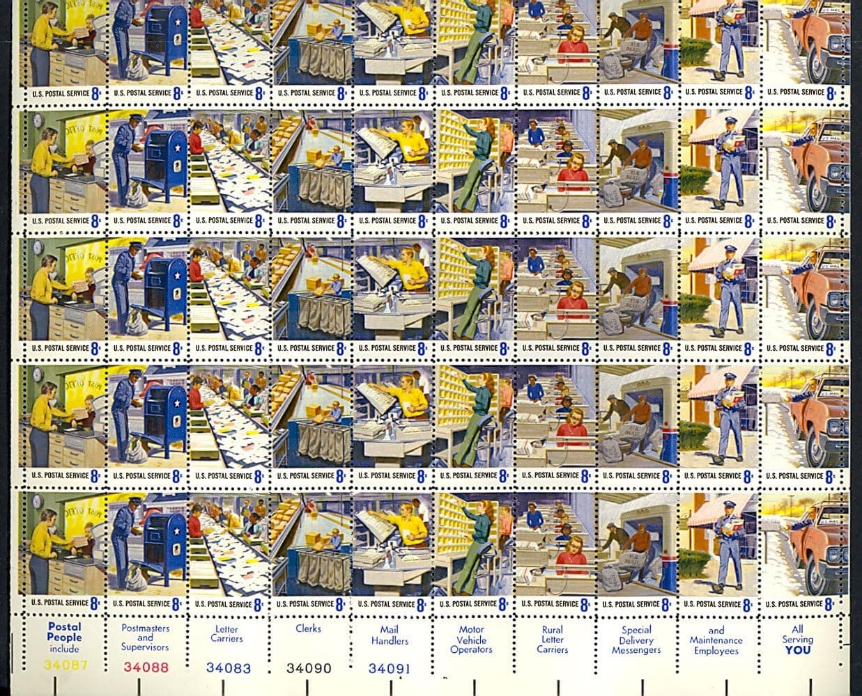 Postal Workers Complete Sheet of 50 8 Cent Stamps Scott 1489-98