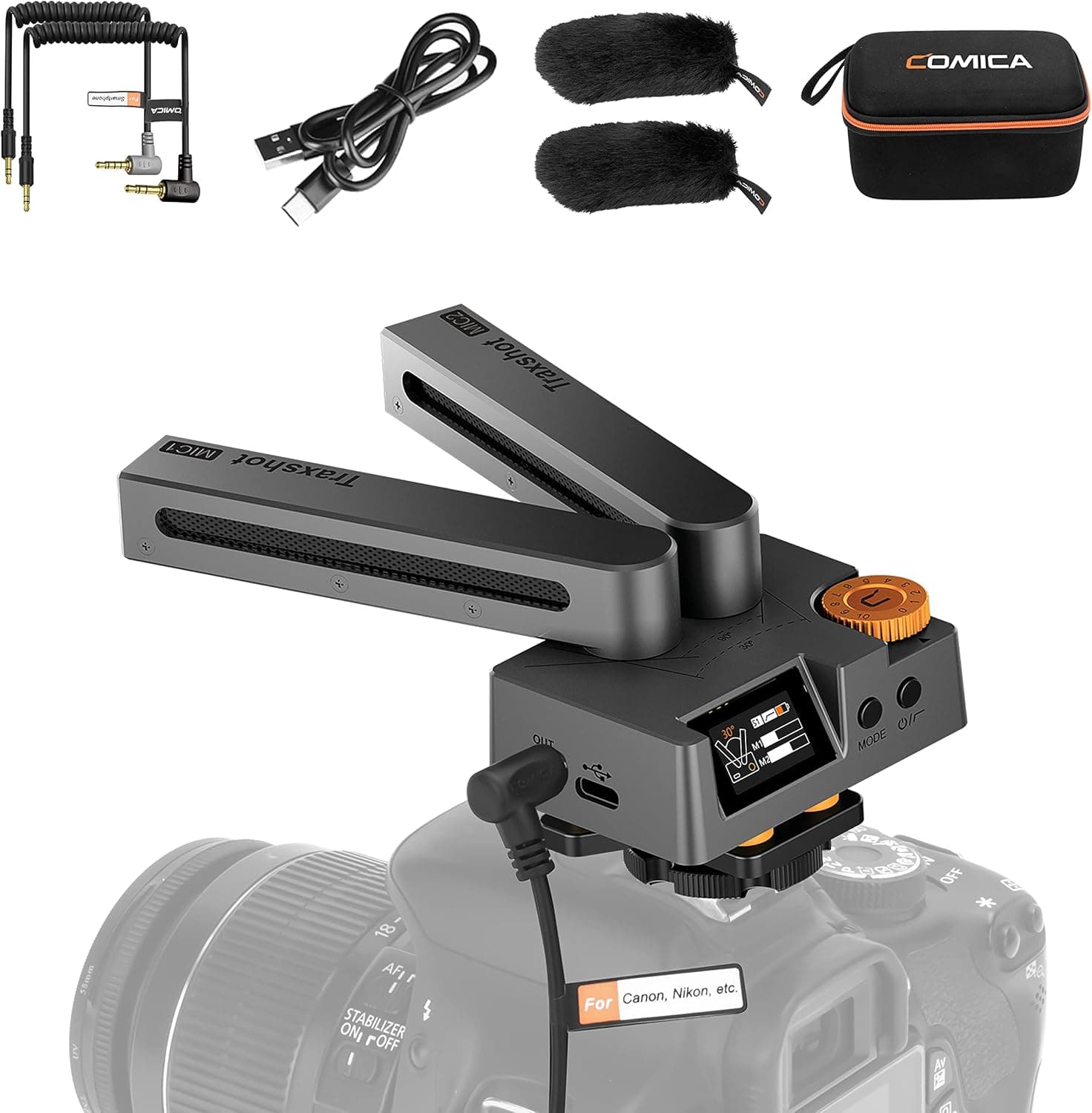 comica Traxshot External Video Microphone with Wind Muff, Super-Cardioid Condenser Shotgun Mic for iPhone Android Smartphones, Laptop, DSLR Cameras and Camcorders