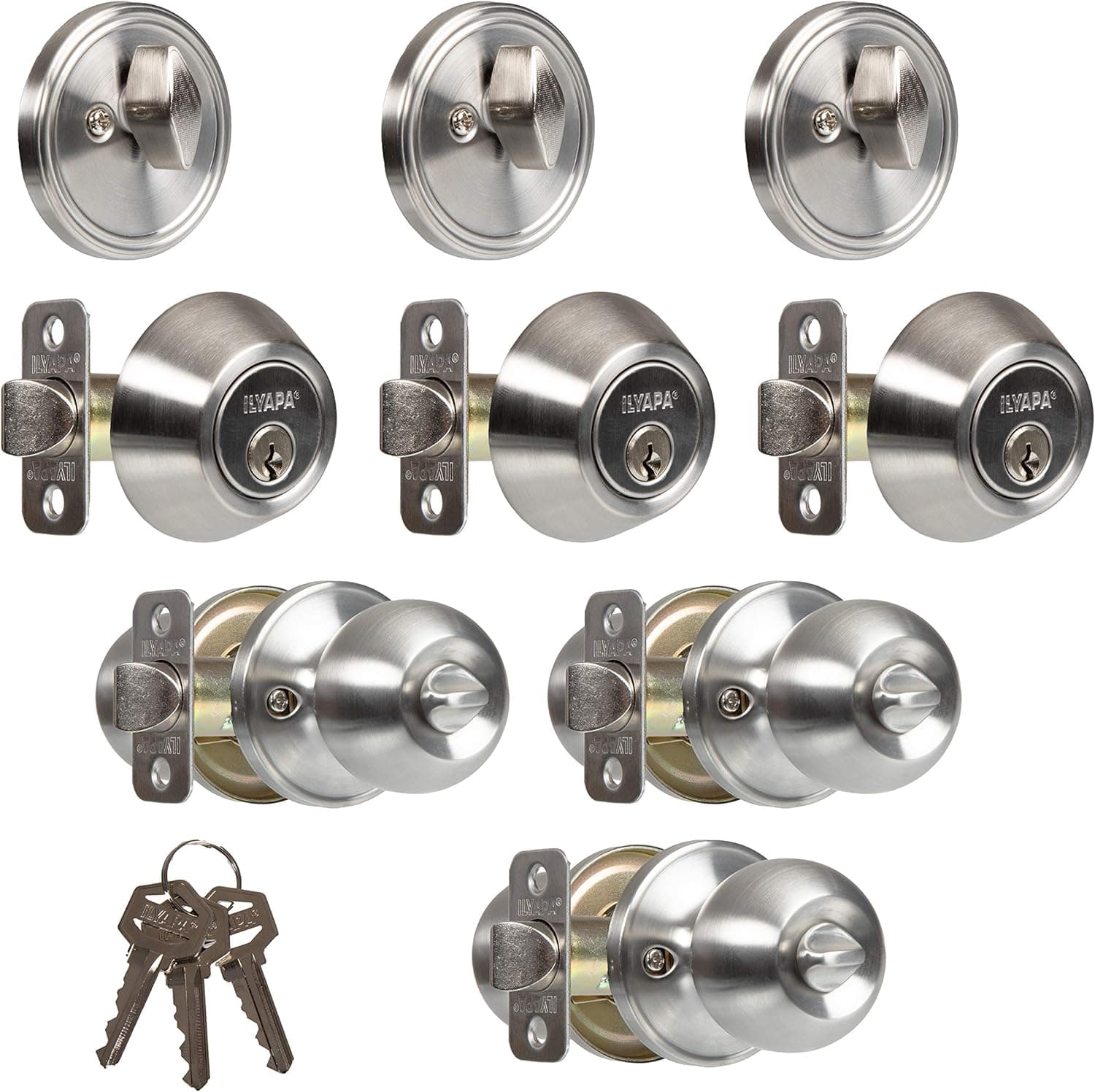 Ilyapa Entry Knob with Single Cylinder Deadbolt - Keyed Alike Locks, Ball Style, Satin Nickel Exterior Door Keyed Alike Turn Thumb Locking Door Knob with Deadbolt, Matte Black, 3 Pack