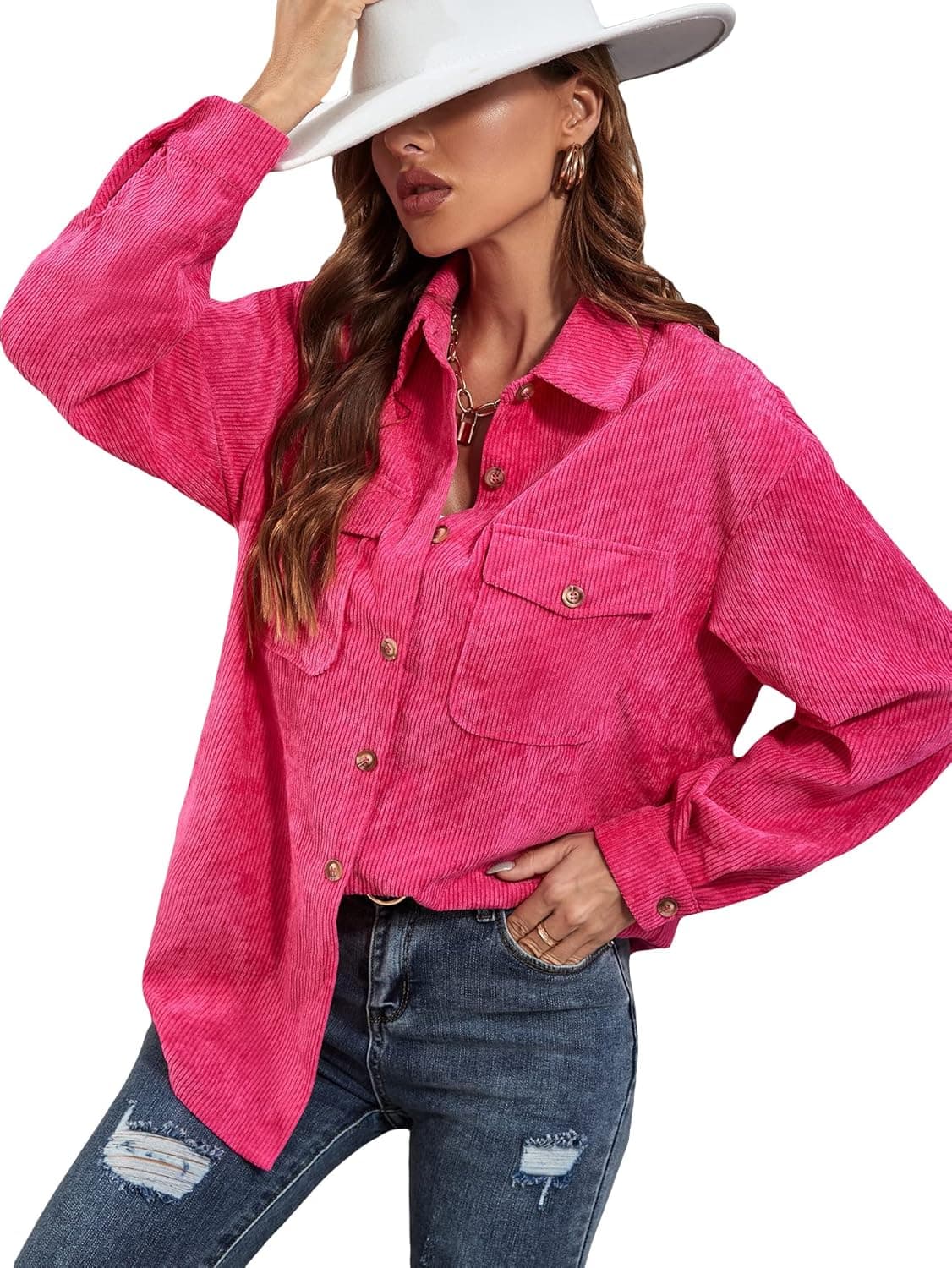 MakeMeChic Women's Oversized Button Down Shirts Flap Pocket Corduroy Button Up Shirt Blouse Tops