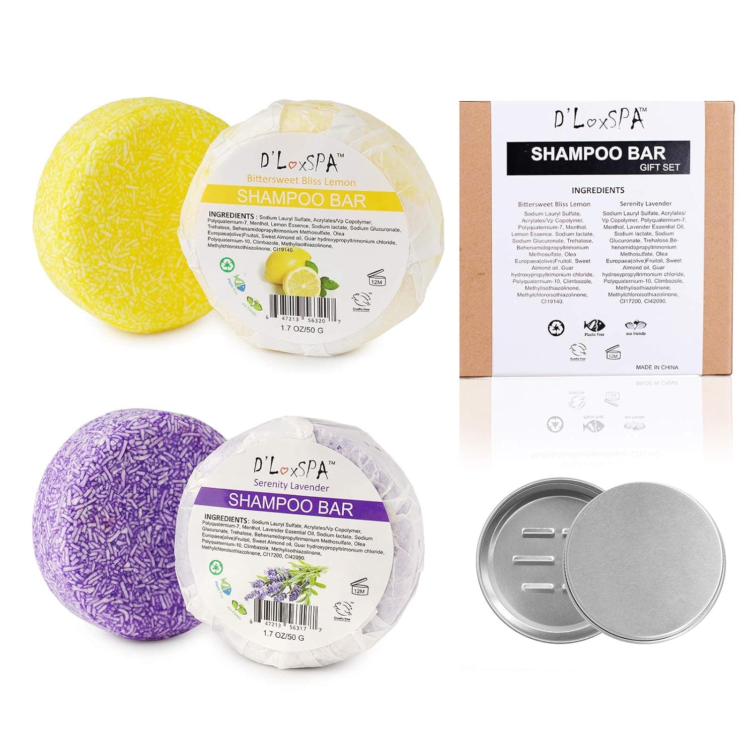 DLuxSpa Solid Shampoo Bar for Hair Travle Gift Set - Essentials Kit Travel Hair Bar Soap Box - 3-Packs Set - Lemon and Lavender 1.7oz with Tin Container ECO Friendly No Plastic and Zero Waste (LMLVTN)
