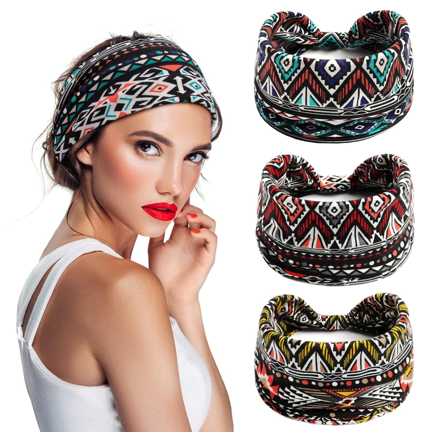 S&N Remille Wide Boho Headbands for Women and Girls, Elastic Turban Head wrap Non-Slip Hair Bands for Sport Yoga and Running Headband 3 Pack