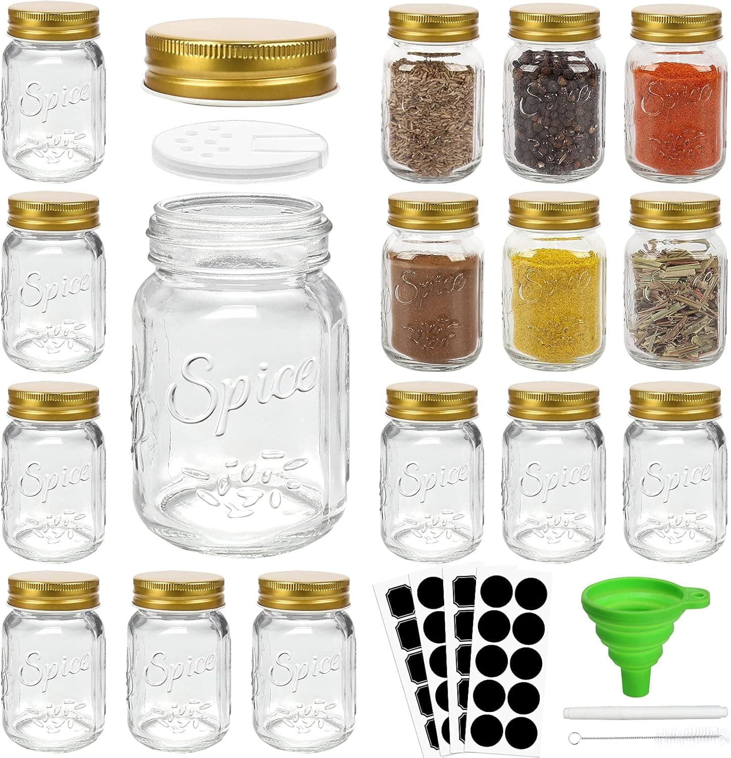 CycleMore 15 Pcs Glass Mason Spice Jars 4oz Empty Spice Bottles with Blank Labels and Shaker Lids, Gold Airtight Metal Caps, Chalk Marker and Collapsible Funnel Included