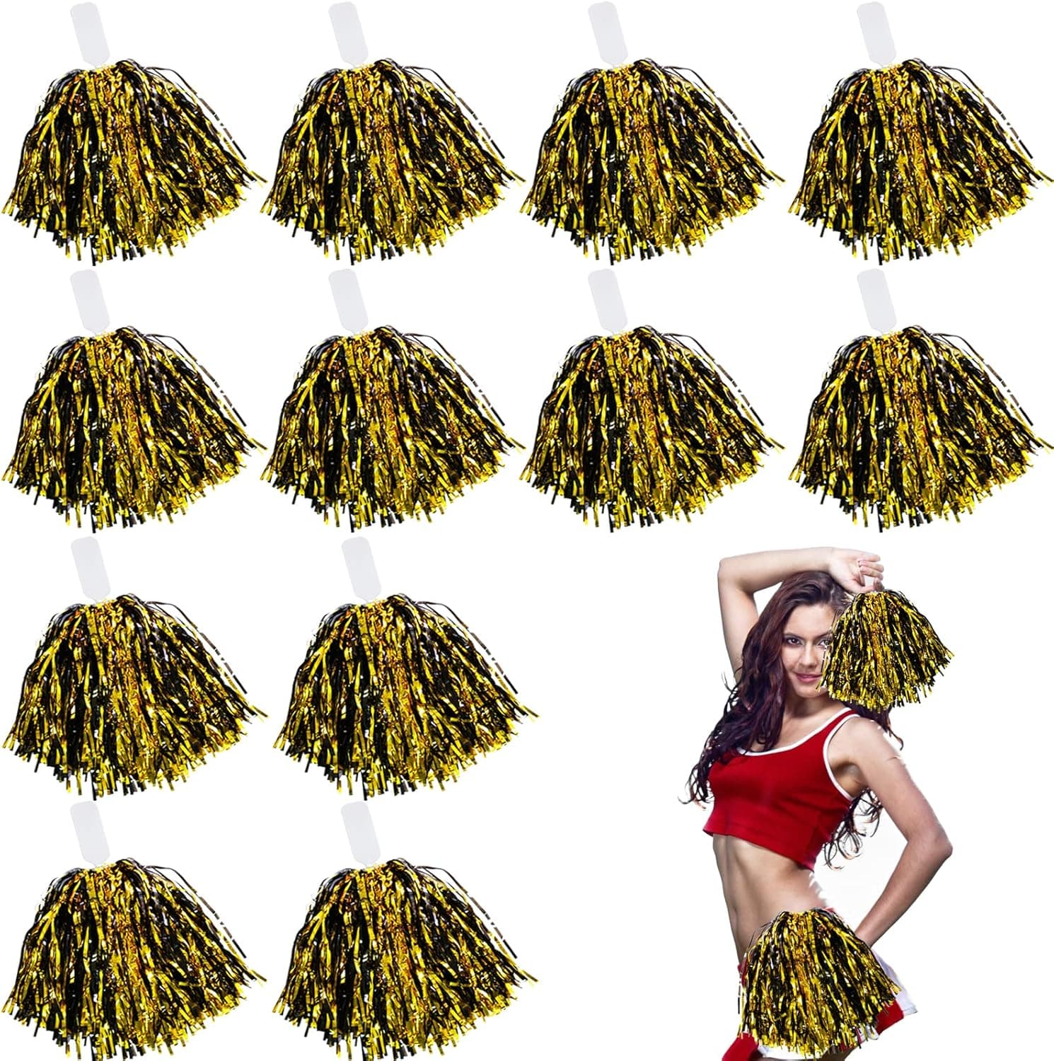 Msoesticc.dl 12Pcs Handheld Cheerleading Pom Poms, Metallic Foil Cheerleader Pompoms Hand Flowers for Team Spirit Sports Games Dance Party - Durable & Lightweight