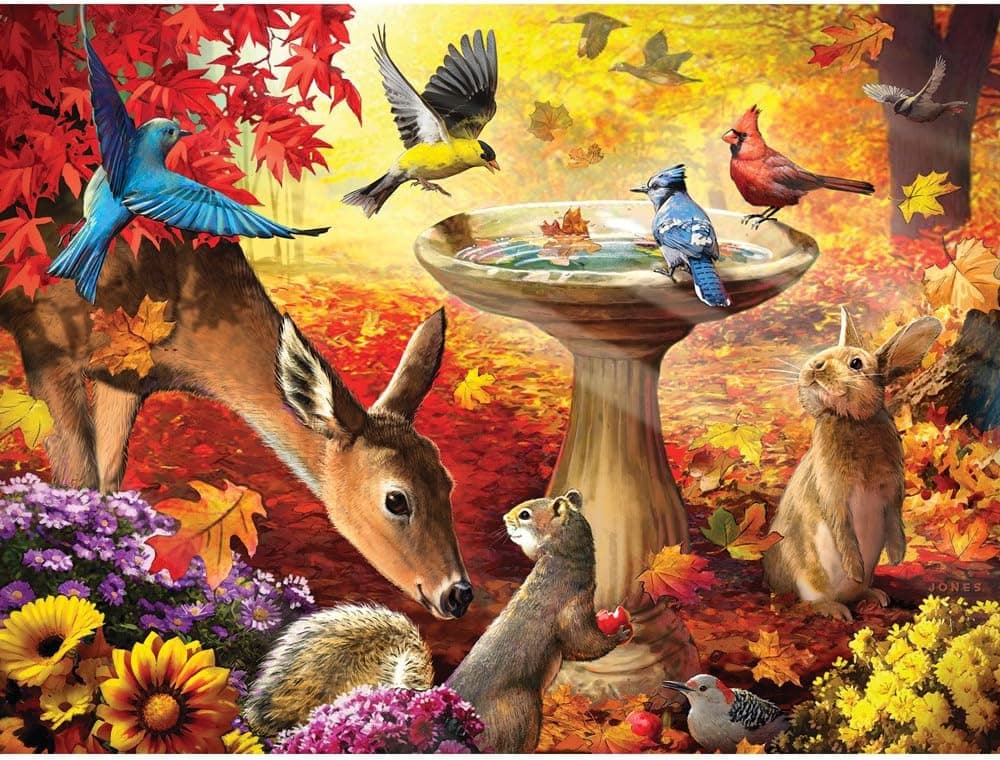 Bits and Pieces - 300 Large Piece Jigsaw Puzzle for Adults - Autumn Birdbath - 300 pc Forest Animals Jigsaw by Artist Larry Jones