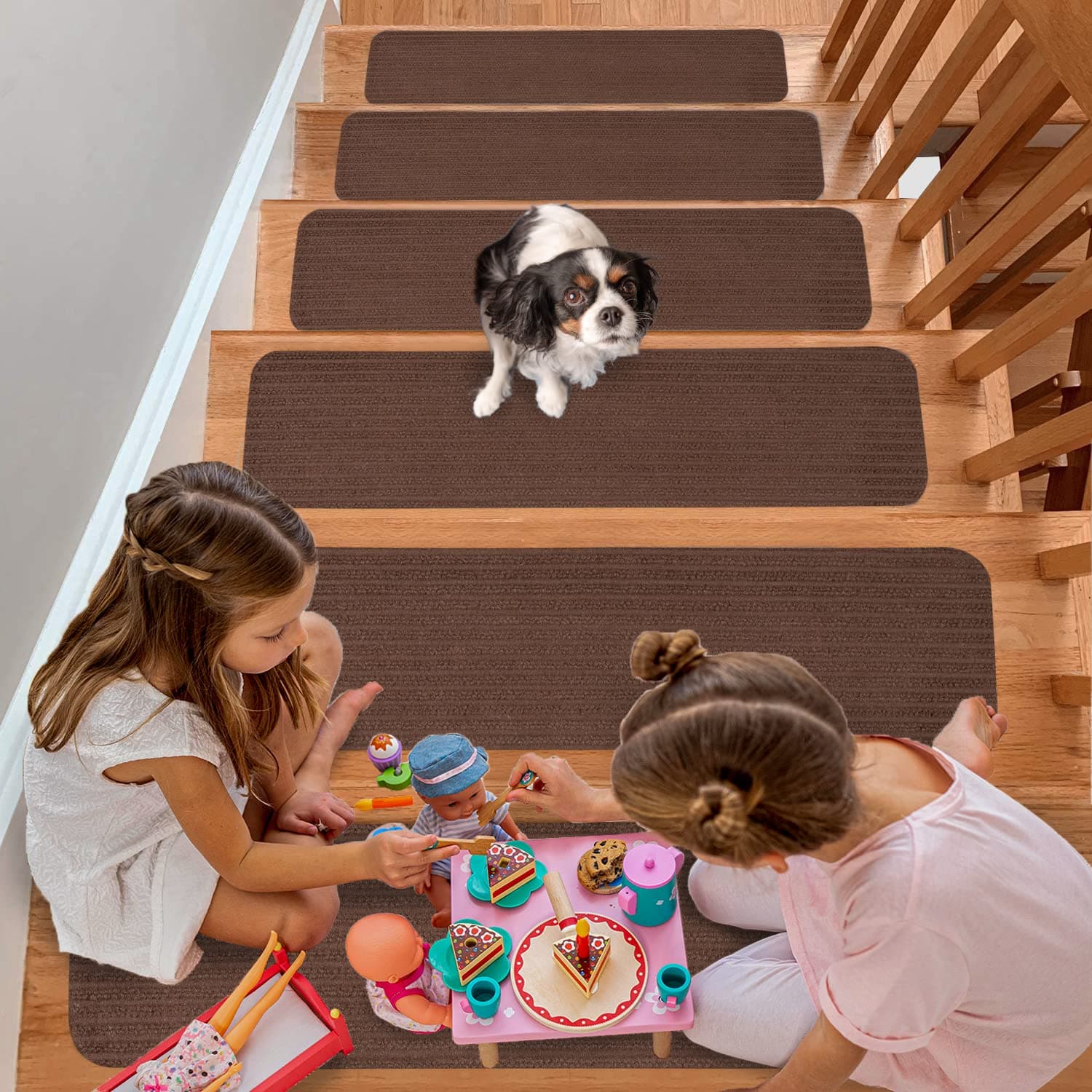 Rugium Non Slip Carpet Stair Treads for Wooden Steps, Indoor Outdoor, 8" X 30" Anti Moving Grip Stair Rugs for Kids, Elders and Pets Non-Skid Staircase Step Rugs Reusable Adhesive (Brown - 13 Pieces)