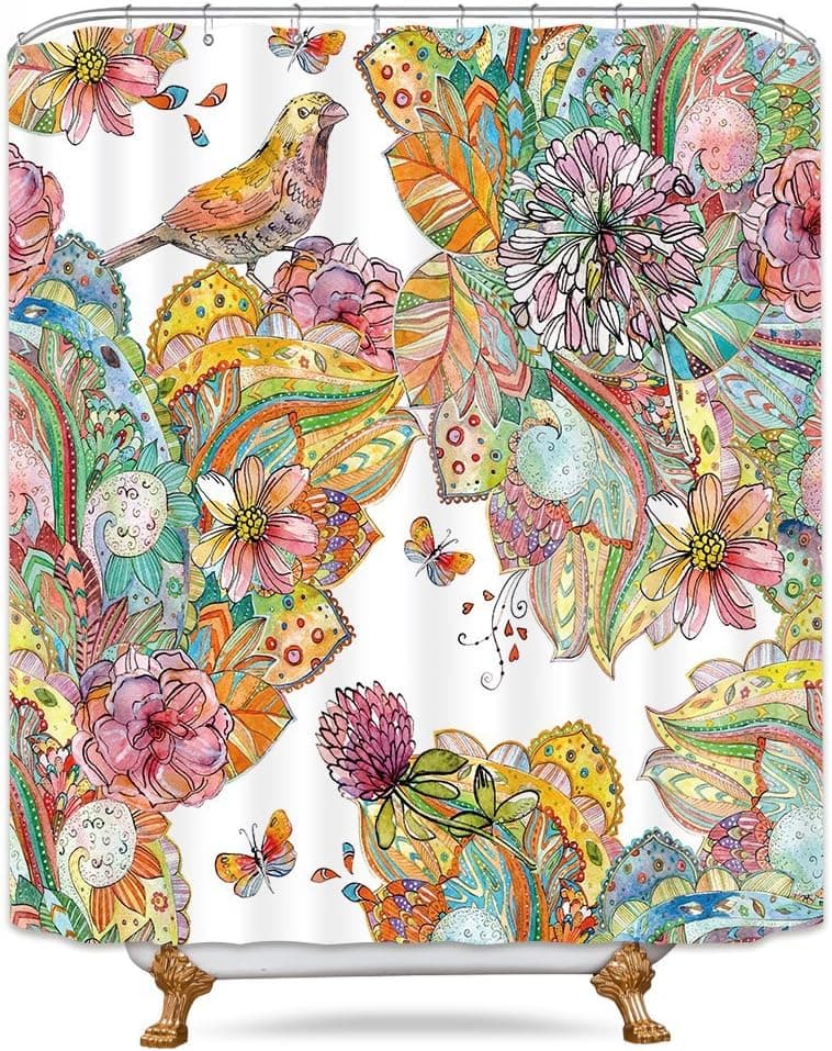 Riyidecor Birds Floral Blossoms Shower Curtain Colorful Painting Flowers Butterfly Spring Hydrangea Art Decor Fabric Bathroom Set Polyester Waterproof 72x72 Inch with Plastic Hooks 12-Pack