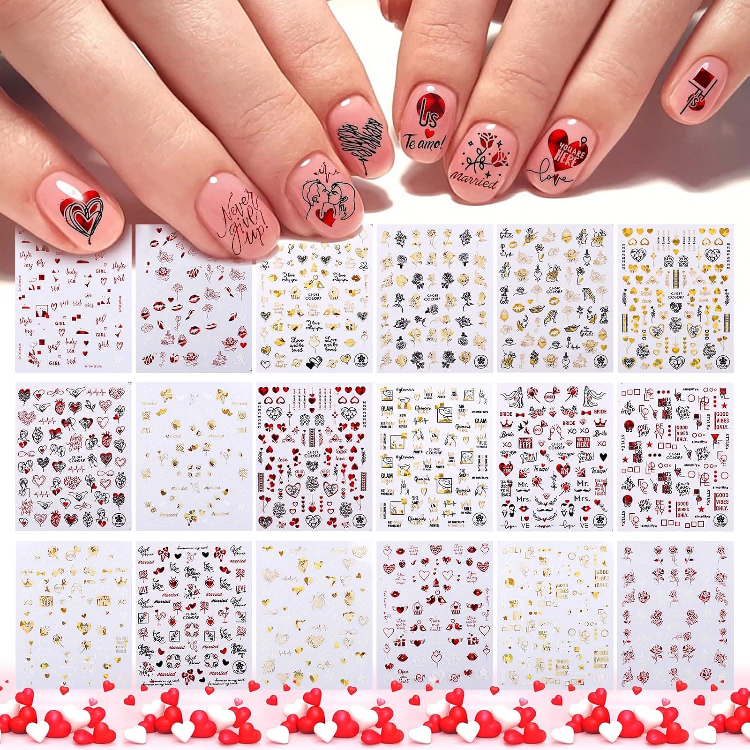 18 Sheets Valentine's Day Nail Art Stickers, 3D Laser Metallic Red Gold Black Love Heart Lips Flower Valentines Nail Decals Nail Decoration DIY Nail Decoration for Women Girls