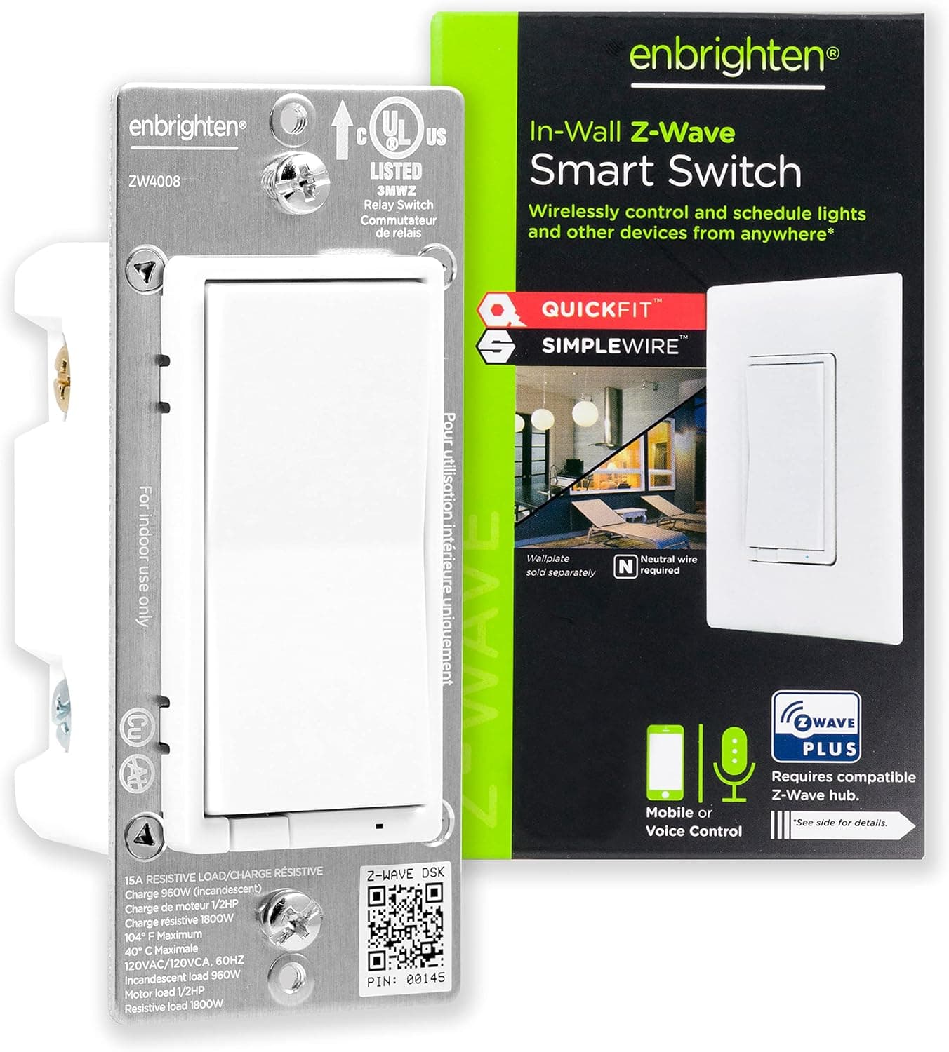Enbrighten Z-Wave Plus Smart Light Switch with QuickFit and SimpleWire, Works with Alexa, Google Assistant, SmartThings, Wink, Zwave Hub Required, Repeater/Range Extender, 3-Way Ready, White, 47336