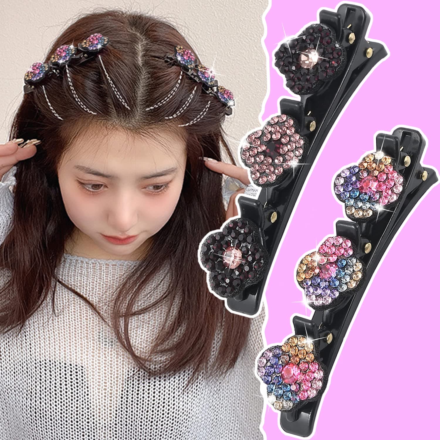 Sparkling Crystal Stone Braided Hair Clips 2PCS, Braided Hair Clips with 3 Small Clips, Rhinestone Hair Clips, Hair Barrettes Hair Accessories Braided Hair Clips with Rhinestones for Women/Girls