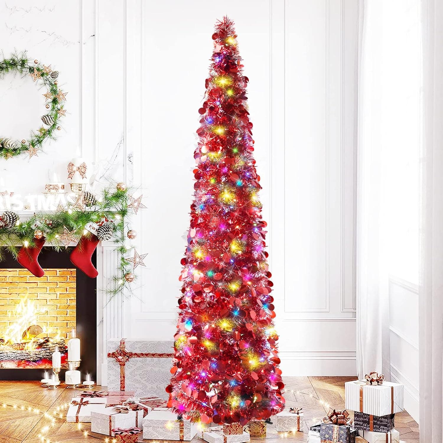 YuQi 5FT Collapsible Christmas Red Tree w/50 Colorful Lights, Pop Up Red Artificial Tinsel Coastal Xmas Trees for Holiday Carnival Party Decorations