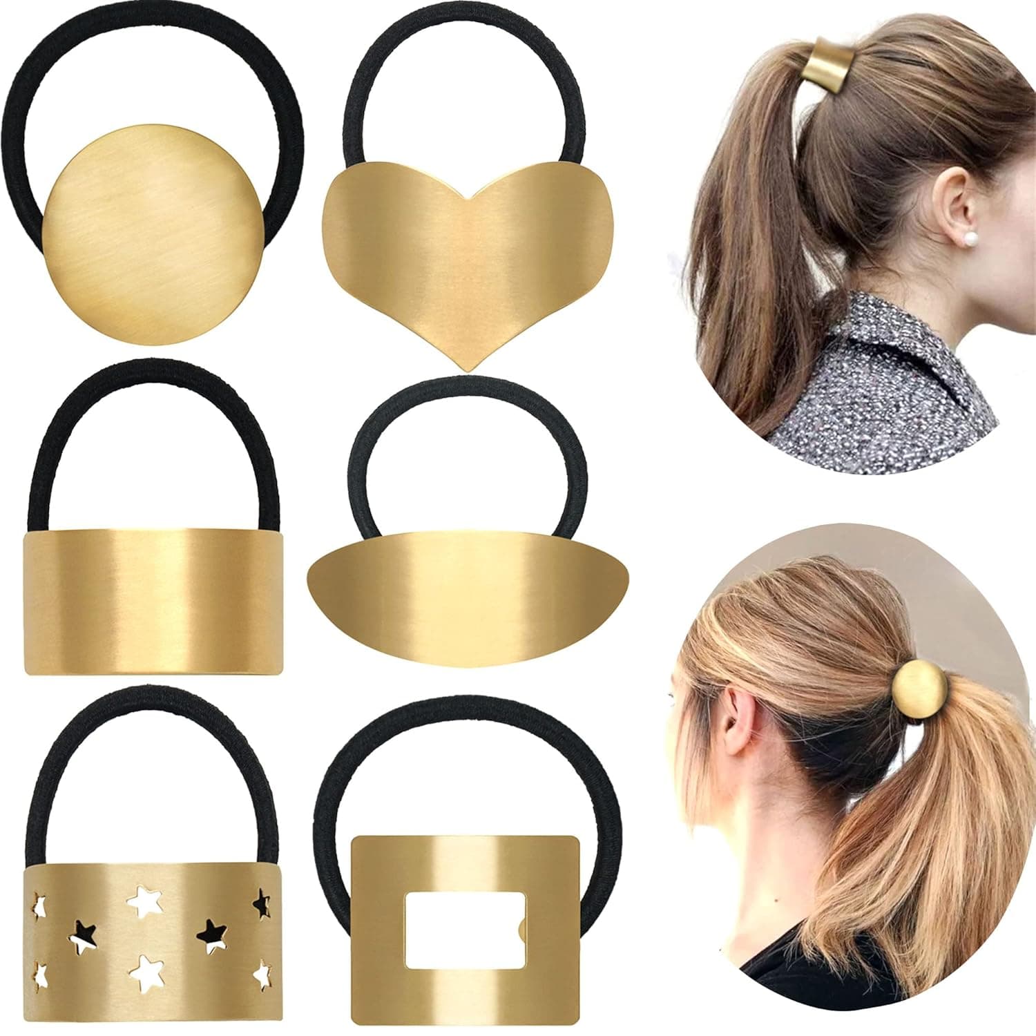 6 Pieces Gold Metal Hair Ties Metal Circle Ponytail Holder Punk Cuff Elastic Rope Hair Accessories for Women Girls