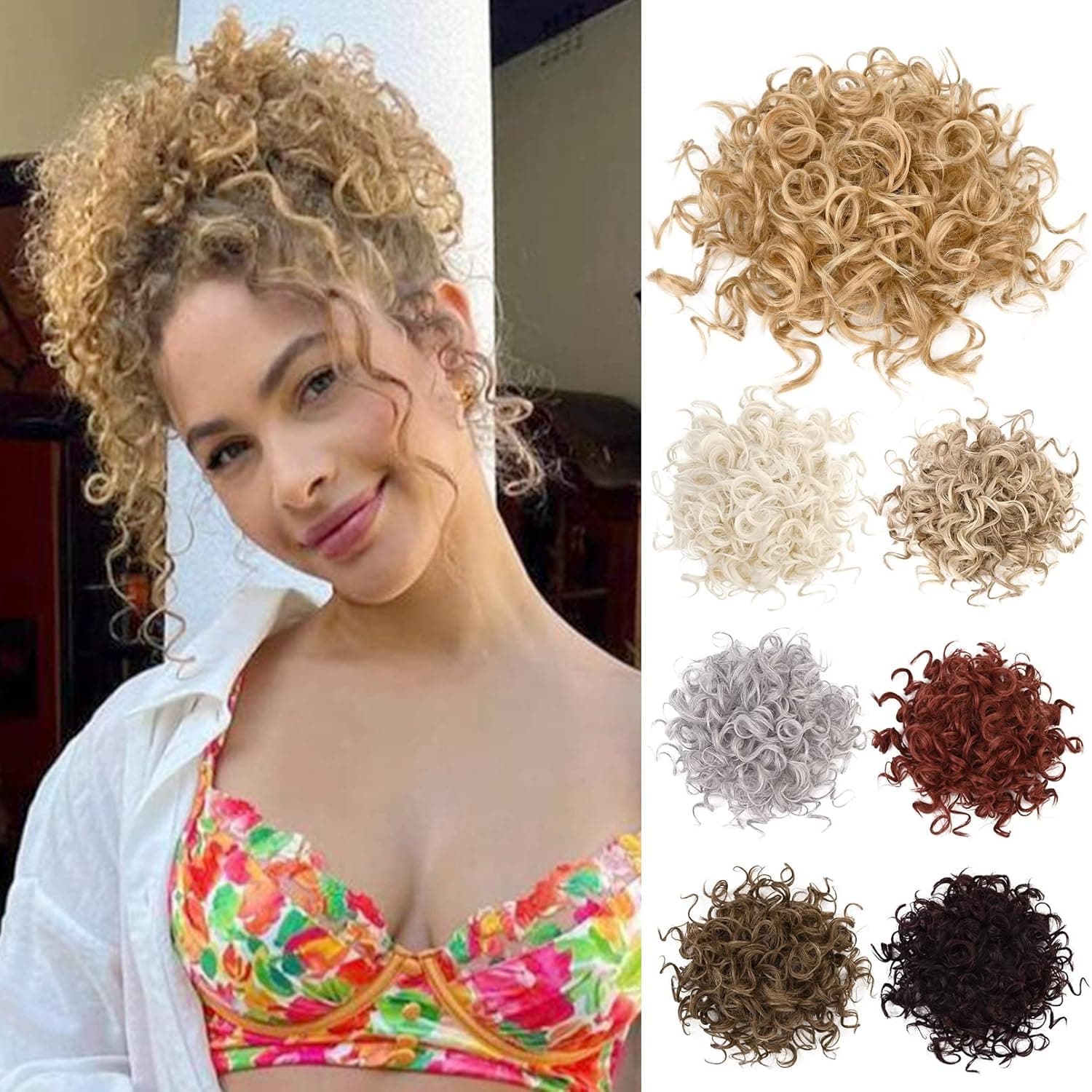 LONAI Messy Bun Hair piece for Women, Elastic Drawstring Loose Wave Curly Scrunchies Ponytail Extension, Synthetic Hair Extensions Hair Bun for Women Daily Use-Medium Golden Blonde