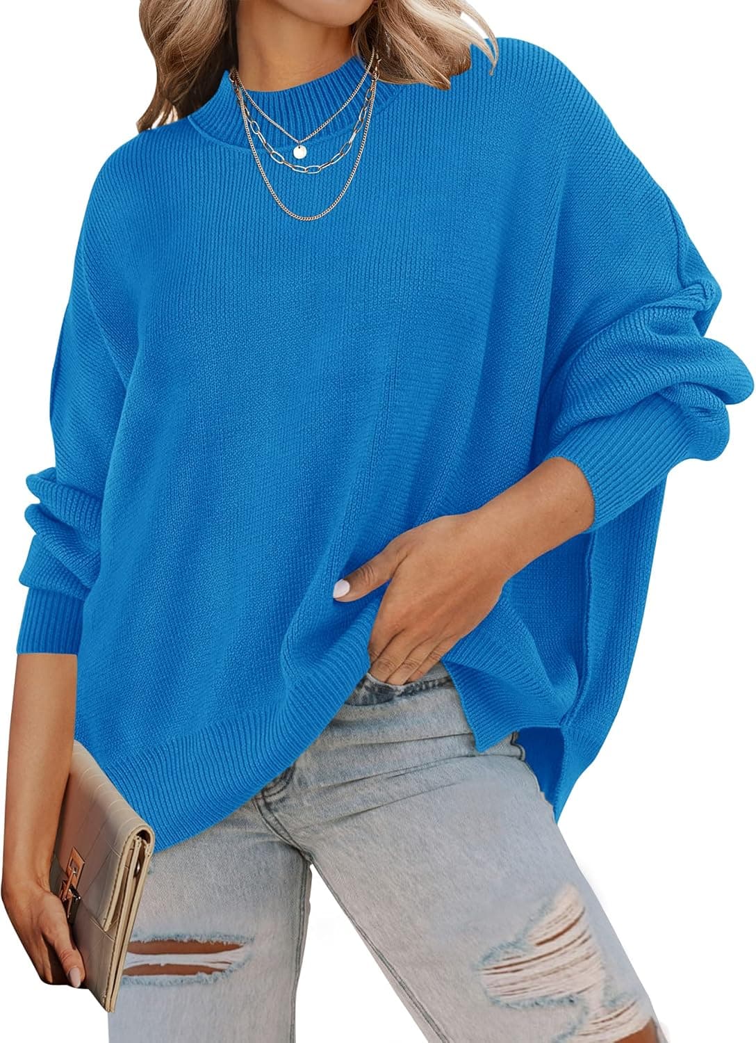 ZESICA Women's 2023 Fall Casual Long Sleeve Crew Neck Side Slit Oversized Ribbed Knit Pullover Sweater Tops