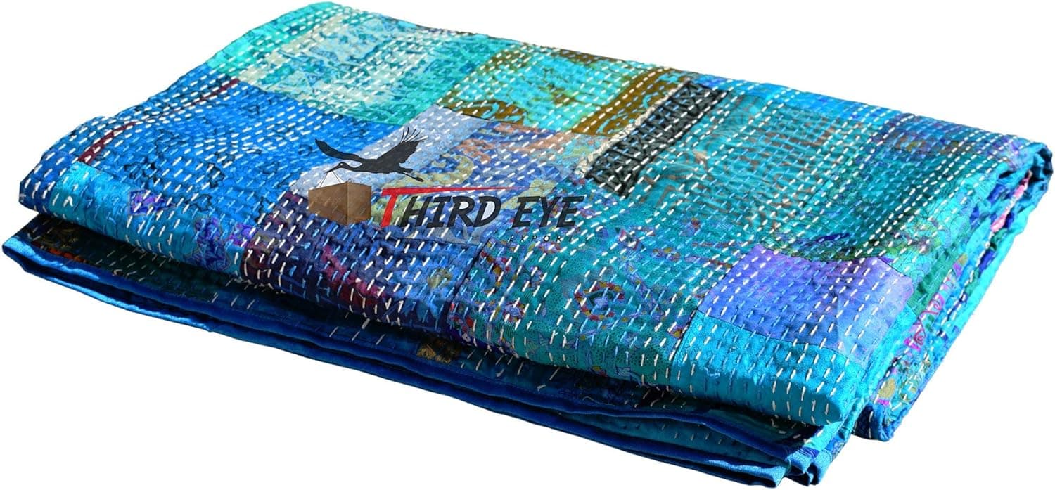 Third Eye Export Indian Queen Size Patchwork Silk Kantha Quilt 90x108 Inch Bedcover Silk Patola Quilt Throw Blanket (Terquoise)