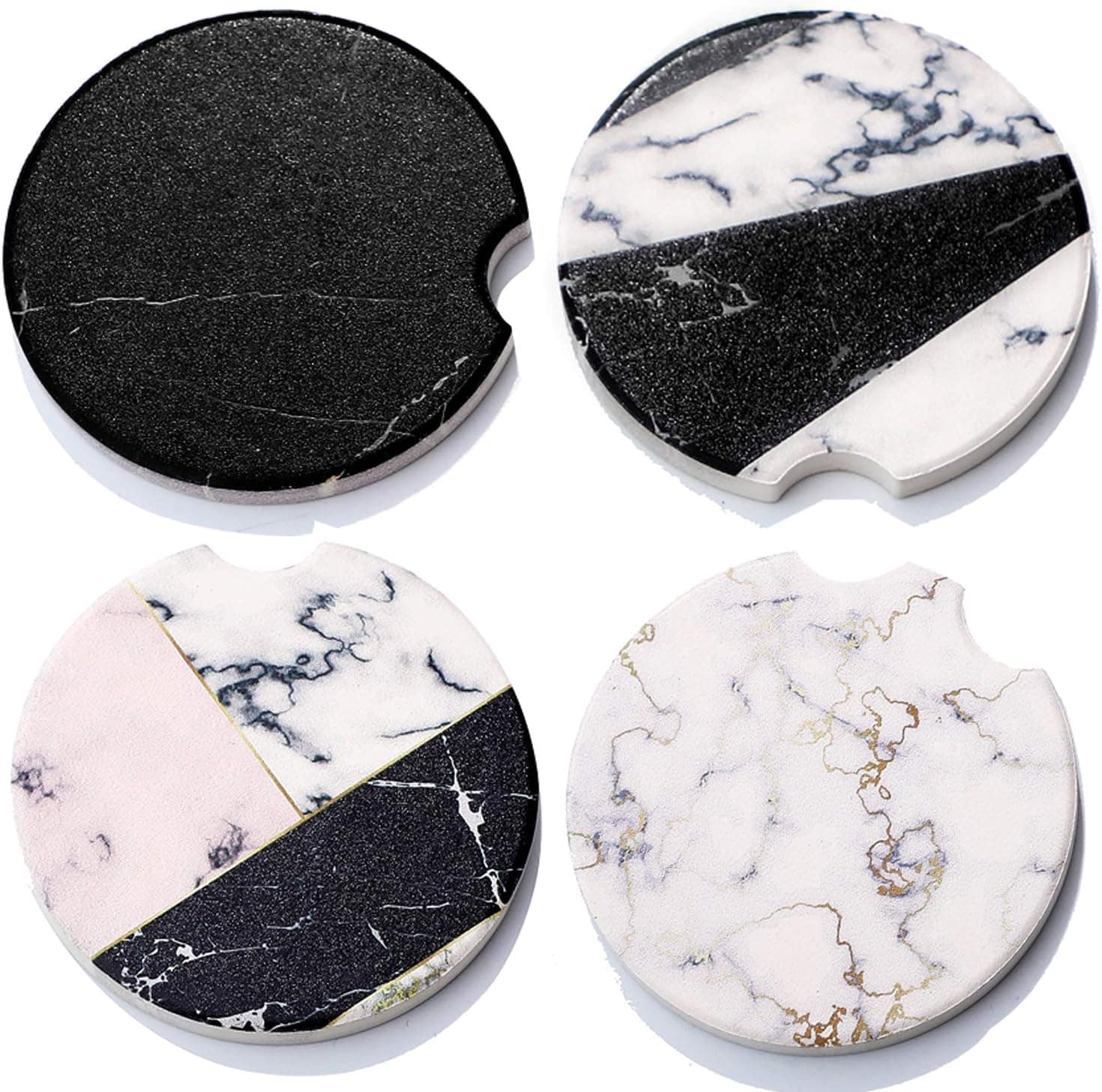 Car Coasters 4 Pack,Car Cup Coaster,Perfect Car Accessories with Absorbent Coasters.Gift for Women&Men,Small 2.56" Diameter(Black White Marble)