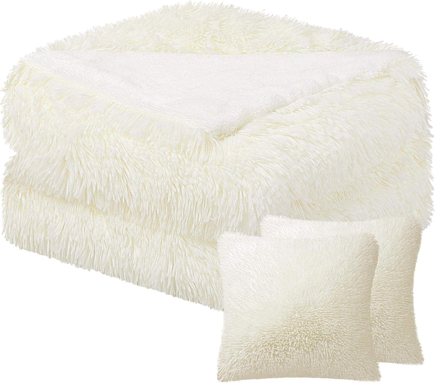 uxcell Faux Fur Throw Blanket Pillow Cover Set Long Shaggy Microfiber Plush Throw Blanket (50" x 60") 2pcs Cushion Covers (18" x 18") (No Pillow Insert Included) - Beige
