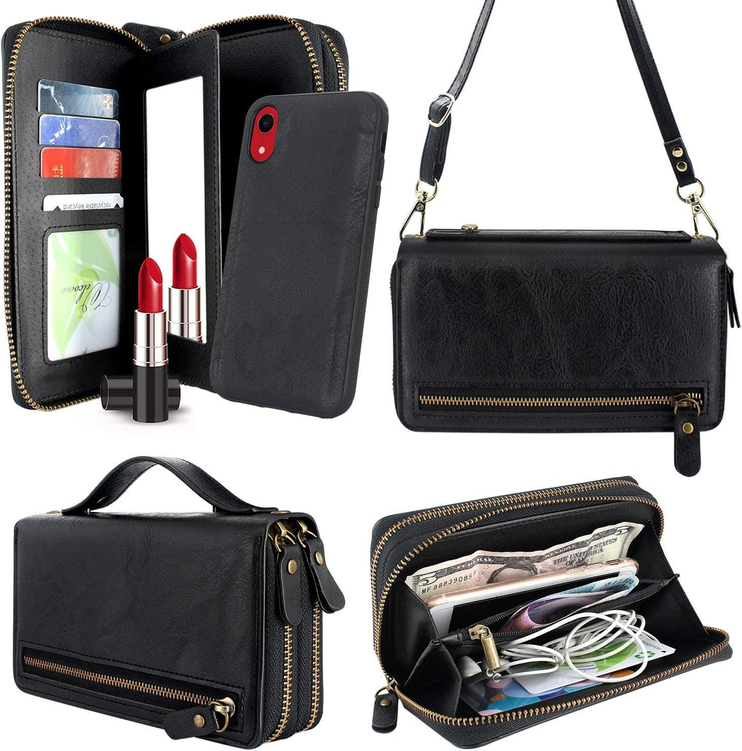 Harryshell Compatible with iPhone Xr 6.1 inch 2018 Case Wallet Multi Zipper Detachable Magnetic Cover Clutch Purse Bag with Card Slots Mirror Crossbody Chain Shoulder Wrist Strap (Black)