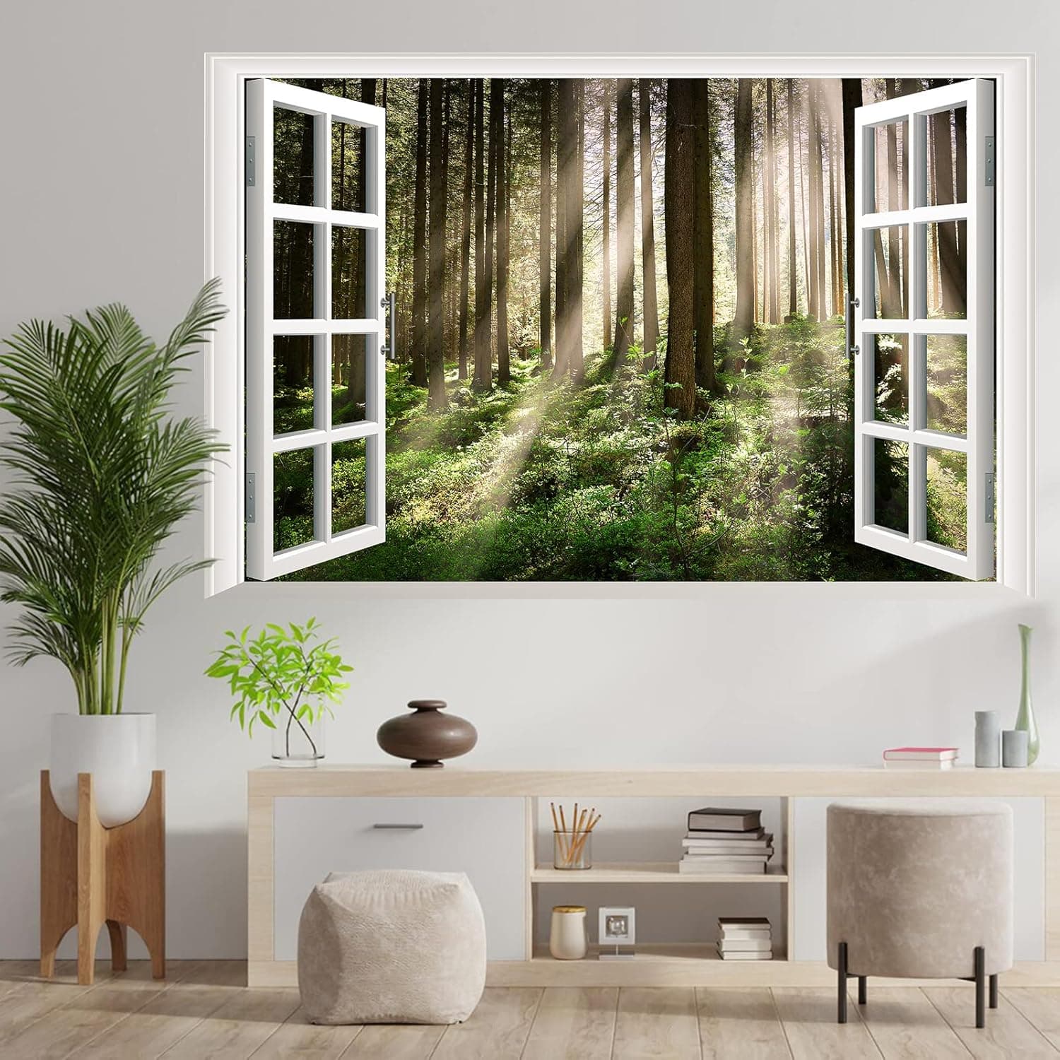 Sunset Forest Fake Window Wall Stickers 3D Nature Landscape Wall Decals Faux Window Poster Removable Natural Trees Wall Mural for Family Living Room, Background Wall Decoration, Office, 35.5"x23.6"