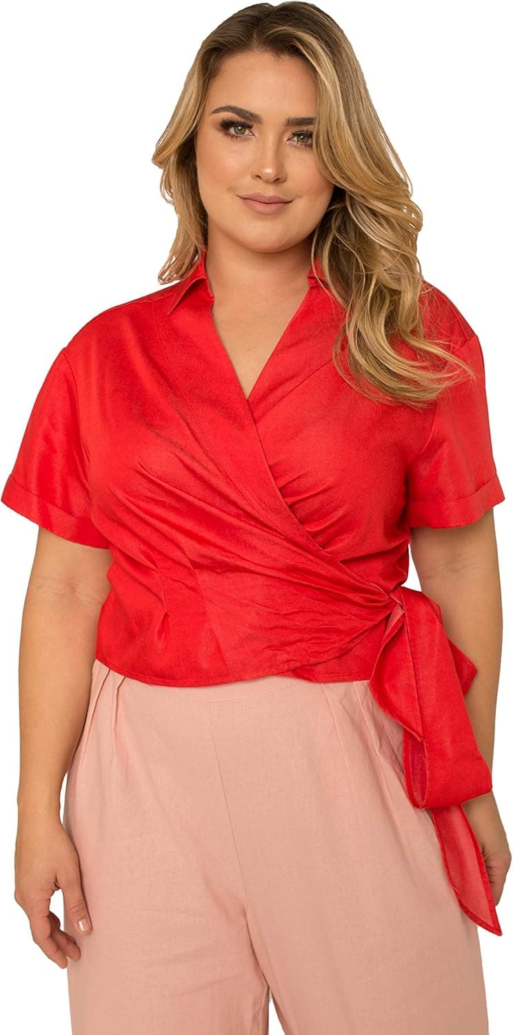 Standards & Practices Plus Size Women's Beige Short Sleeve Tie Waist Wrap Tops