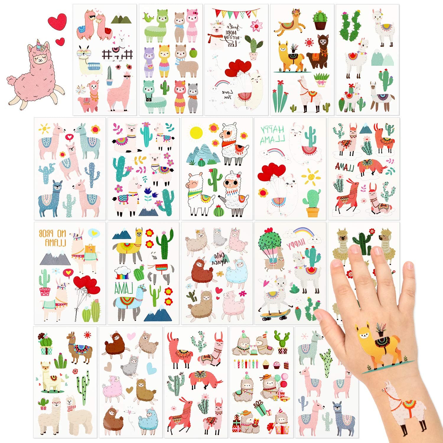 PHOGARY Llama Temporary Tattoos (20 sheets), Llama Party Tattoos for Kids Birthday Party Favors - Alpaca, Rainbow, Cactus, Fake Waterproof Tattoos for Boys Girls