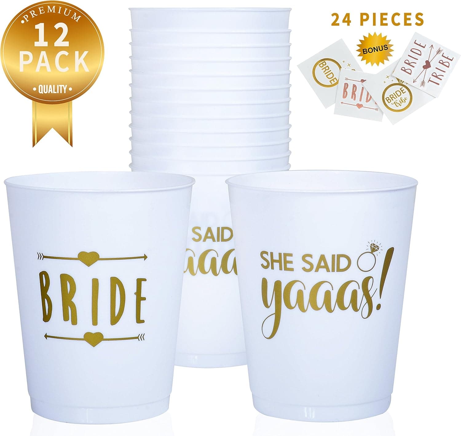 Buzzingbee Bridal Shower Complete Bridal Party Decorations | Bachelorette Party Pack of 12 Bride Tribe Cups & 24 Rose Gold Embossed Stickers Tattoos | Ideal for Engagement Party or Bride to be Gifts