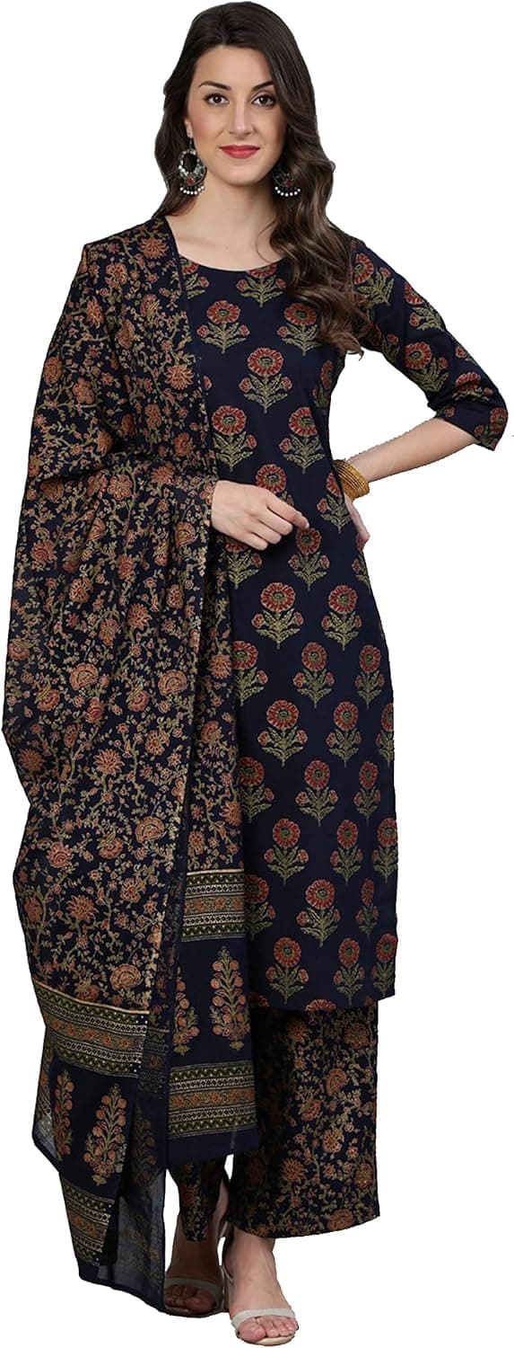 Arayna Women's Floral Printed Pure Cotton Kurti Palazzo Pants Set with Dupatta
