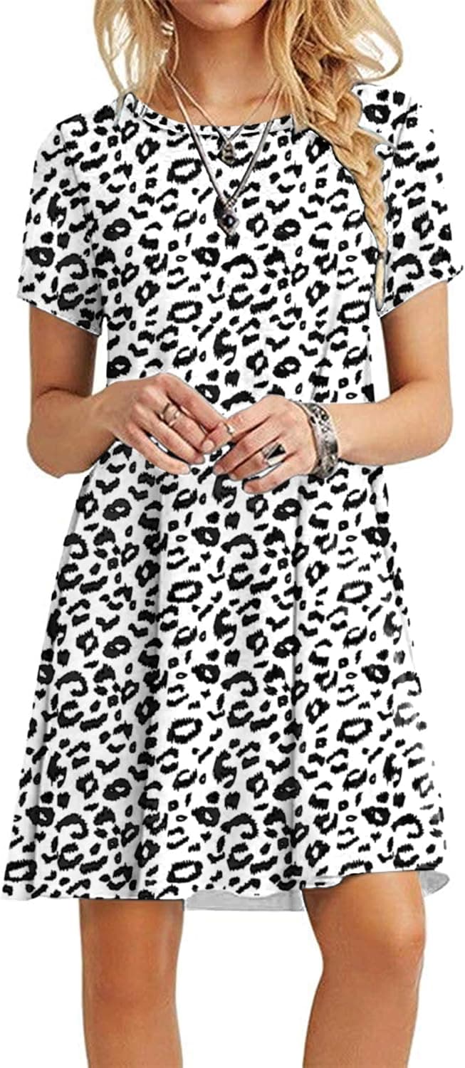 MOLERANI Women's Casual Plain Simple T-Shirt Loose Dress (S, Leopard White)