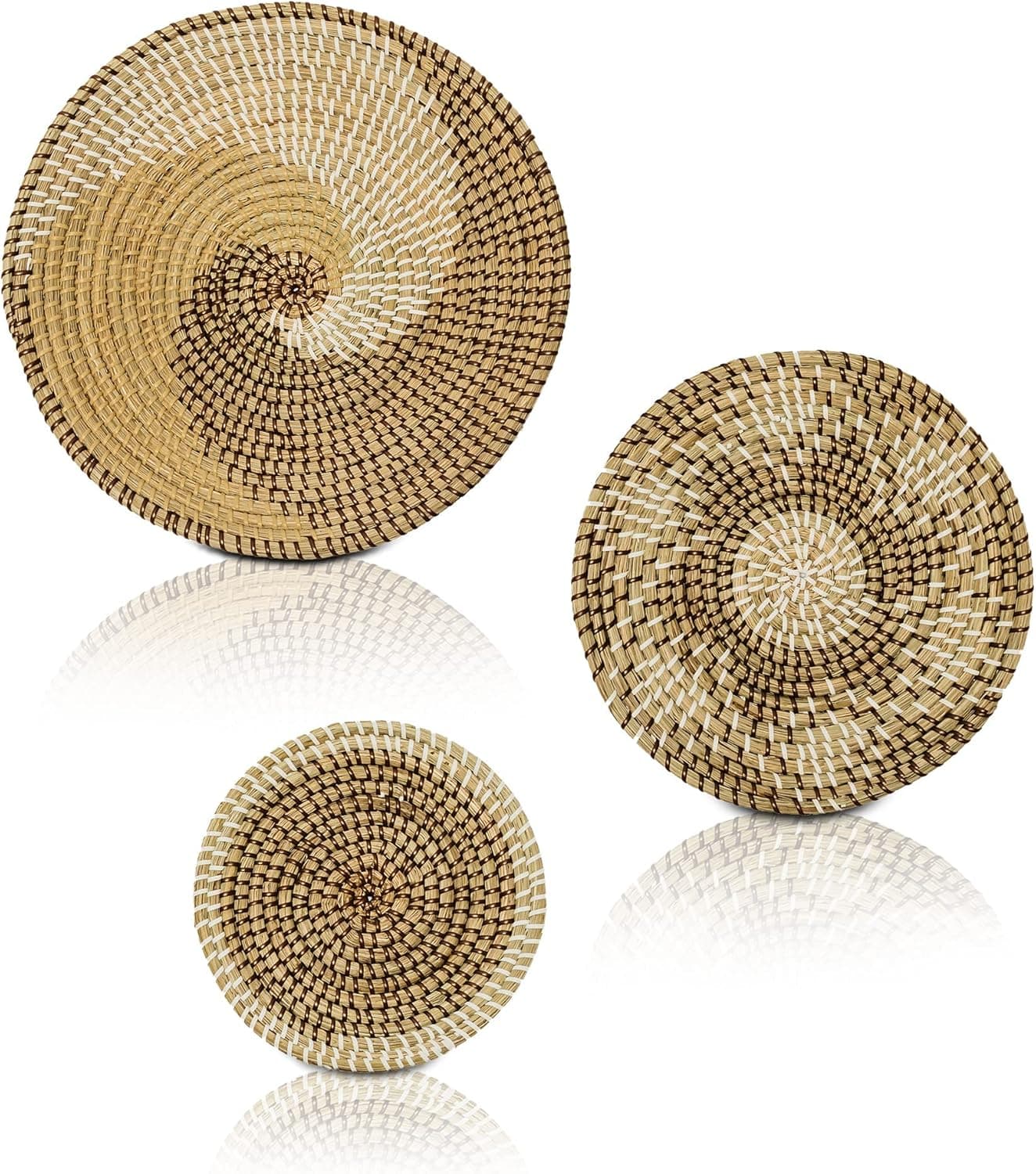 CANDRIX Woven Wall Baskets Decor - Set of 3 Round Hanging Wall Basket Boho Wall Decor, Hanging Seagrass Baskets Room Decor for Bedroom, Handmade Decorative Basket for Living Room and Home Decorations