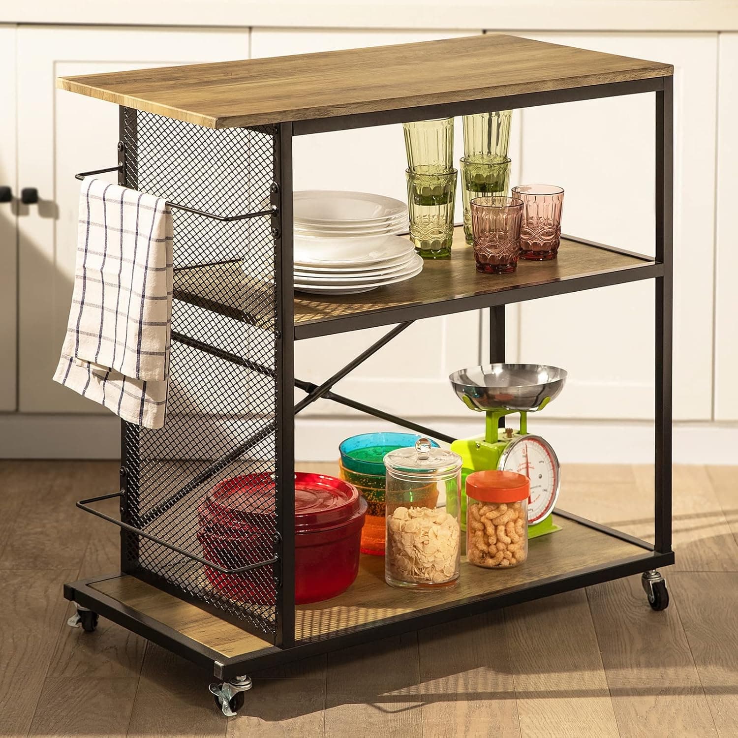 Haotian SVW05-N,Bar Serving Cart Home Myra Rustic Mobile Kitchen Serving cart,Industrial Vintage Style Wood Metal Serving Trolley