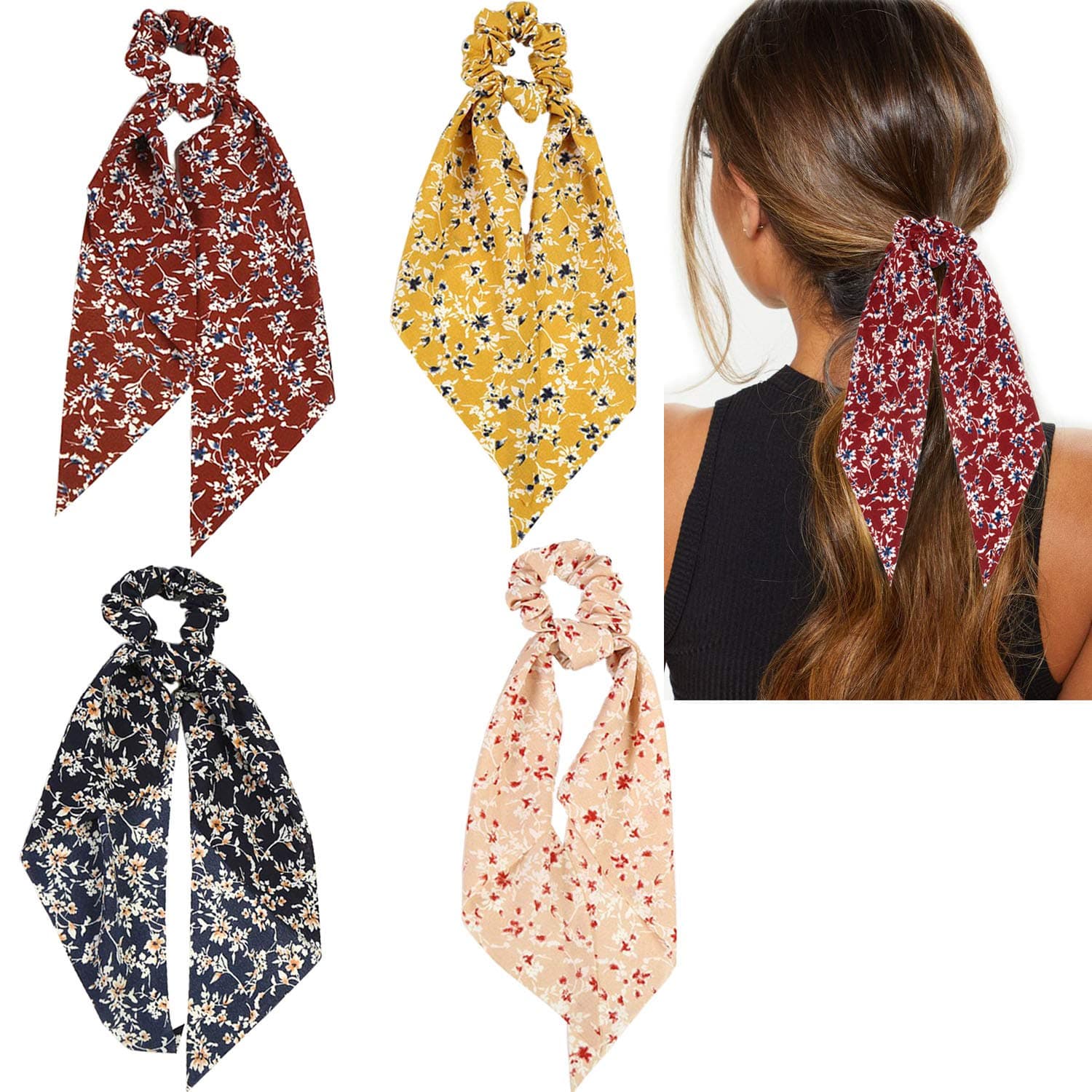 Hair Scrunchie Scarf Hair Tie Ribbon Scrunchies with Tail Chiffon Floral Scarves Scrunchies Vintage Elegant Flower Long Bow Knotted Ponytail Scrunchy Hair Elastic Hair Bands for Women Girls (4 pcs)
