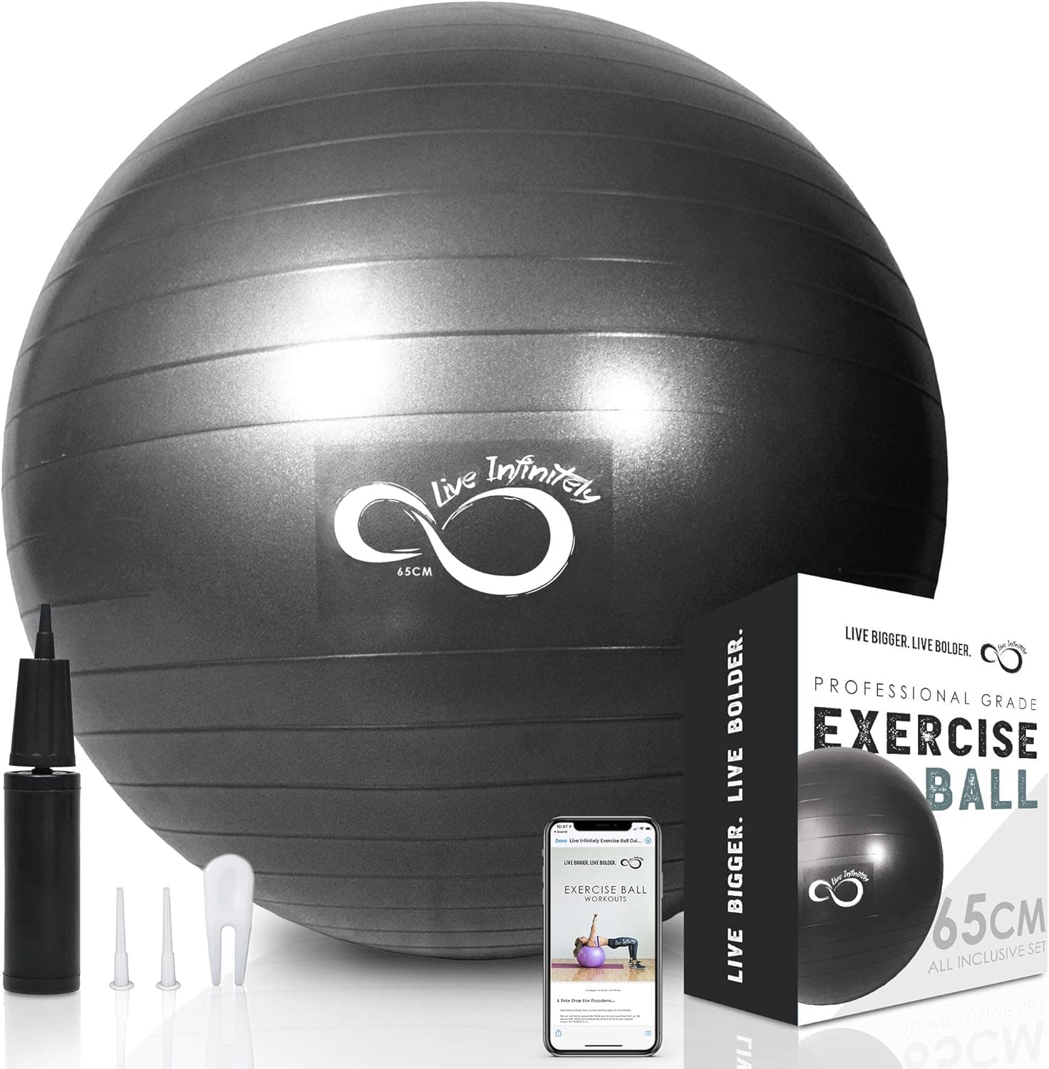 Live Infinitely Exercise Ball (55cm-95cm) Extra Thick Professional Grade Balance & Stability Ball- Anti Burst Tested Supports 2200lbs- Includes Hand Pump & Workout Guide Access