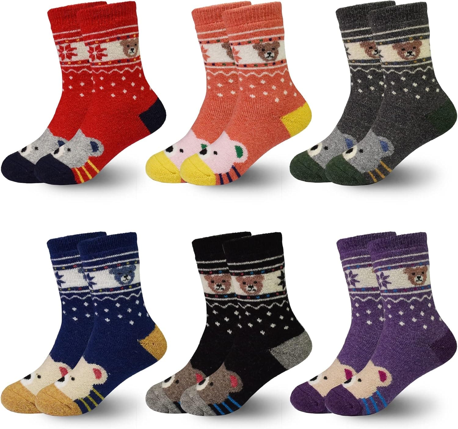SPTRAMLE Kids Winter Socks, Boys Girls Warm Wool Animal Crew Socks for Toddler Kids(1-11 Years), 6 Pairs Thicken Fuzzy Mid Cut Socks