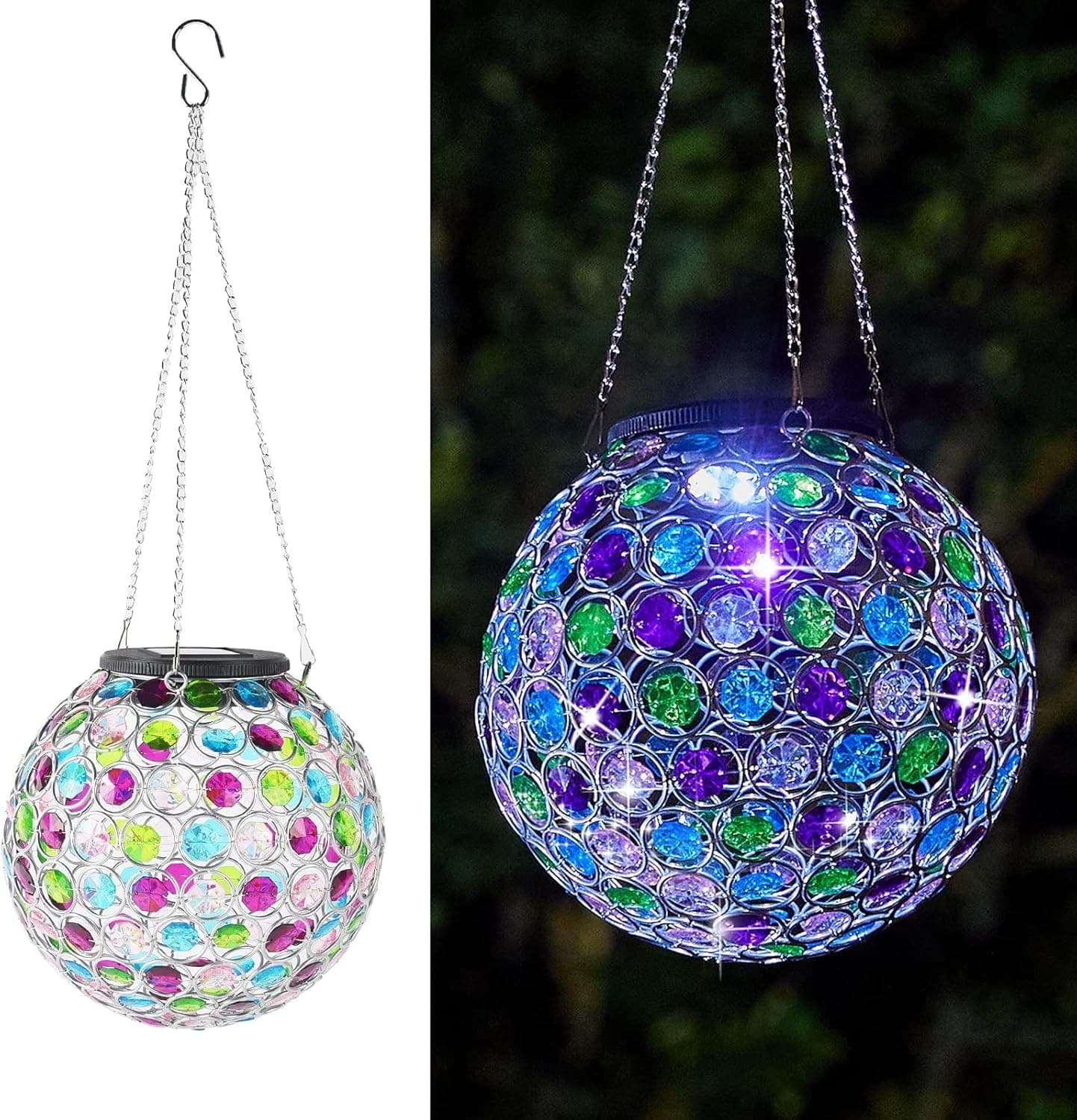 Solar Lantern Hanging Outdoor Christmas Decorative, Dual LEDs Color Changing and Cool White Crystal Globe Lamp Hanging Light Waterproof with S Hook Decor in Garden, Pathway, Front Door- Multi Color