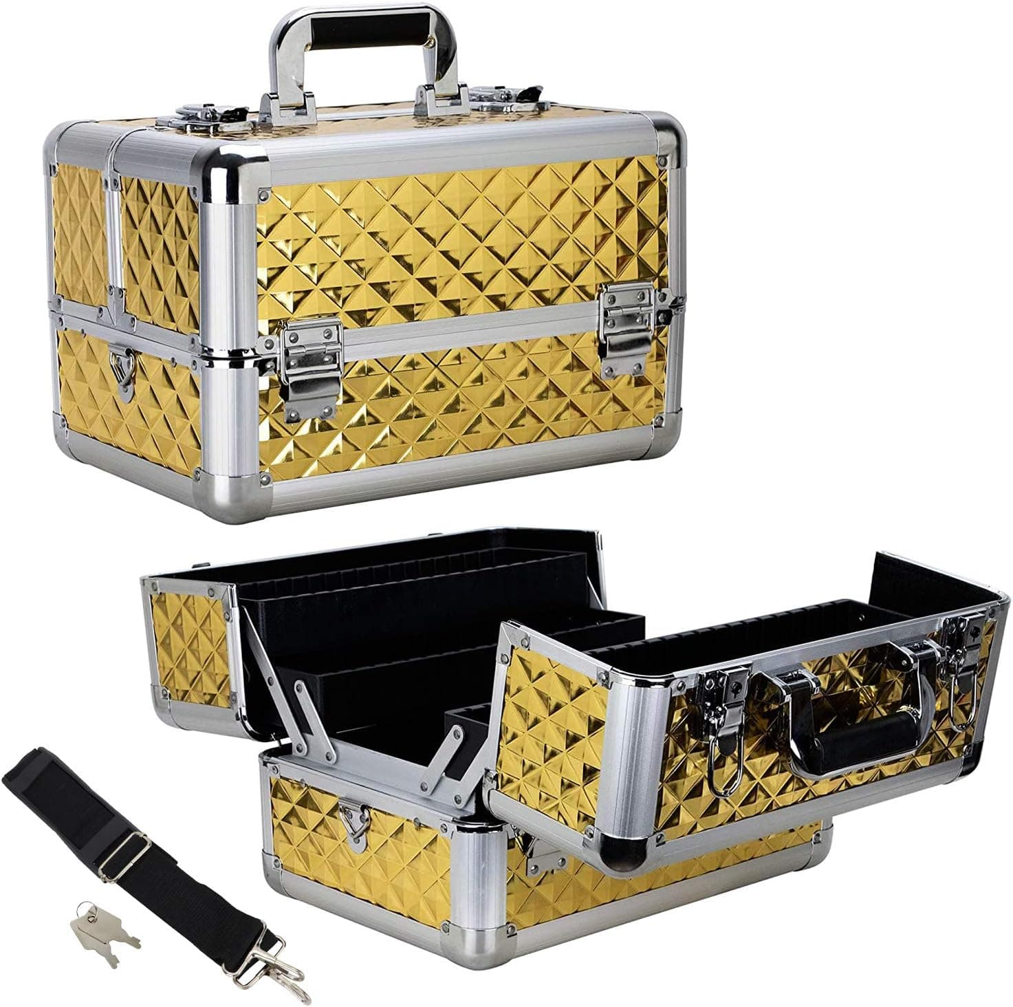 Ver Beauty Large Makeup Case, Makeup Organizer with Shoulder Strap, Lockable Storage Box, Aluminium Case, 4 Extendable Trays with Removable Dividers, Makeup Train Case, Travel Case(Gold Diamond)