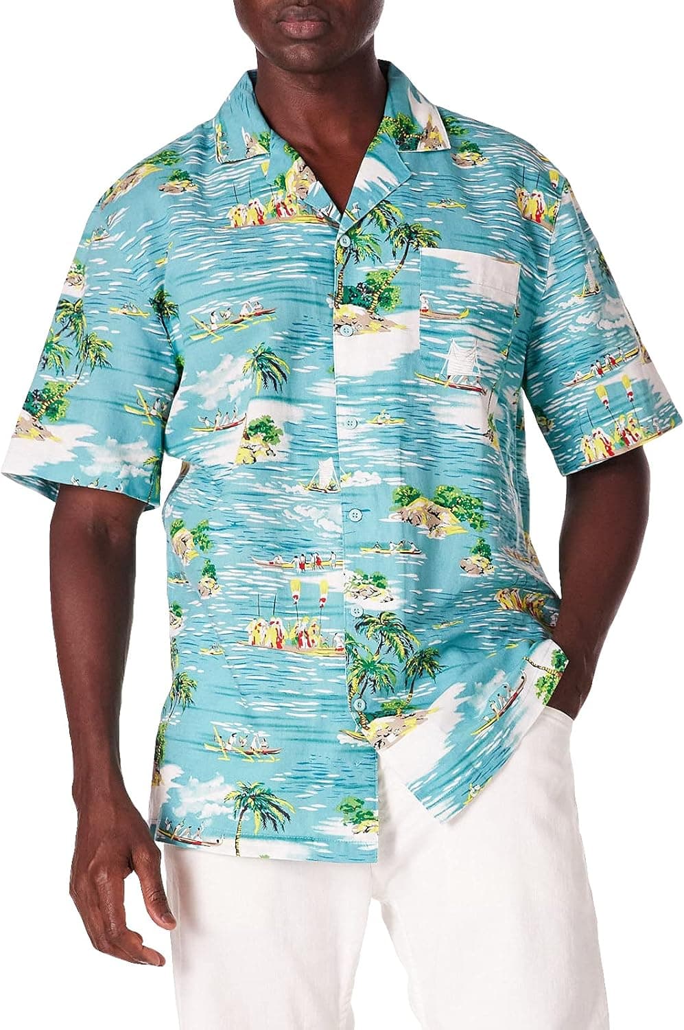 Isle Bay Linens Men's Relaxed-Fit Printed Linen Cotton Tropical Hawaiian Casual Shirt