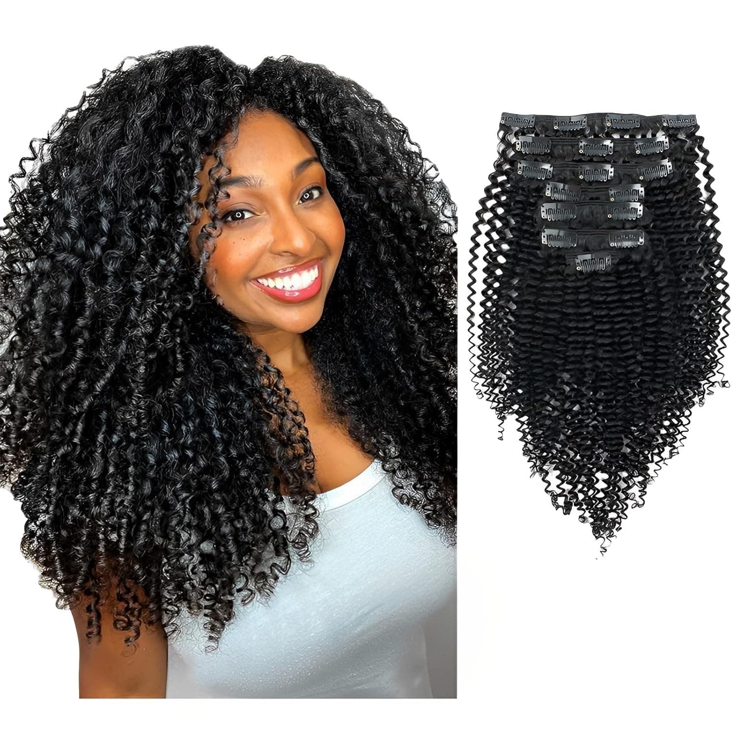 Sassina Real Thick Clip in Human Hair Extensions Kinky Curly Style 3B 3C Natural Color For African Americans Afro Kinky Curly Clip on 7Pcs-lot 120Grams-set, KC 14 Inch