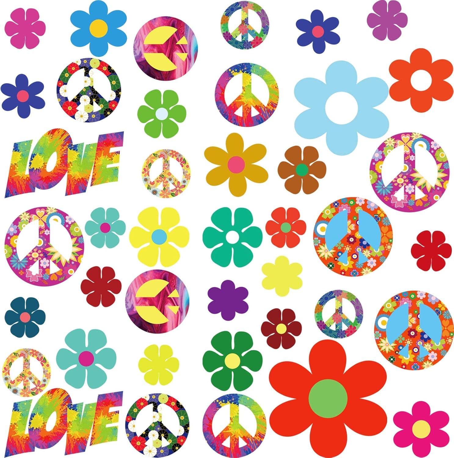 84 Pieces 60's Hippie Theme Party Stickers Retro Flower Stickers 60s Hippie Theme Party Retro Sun Flower Car Stickers Flowers Peace Sign Decals Colorful Hippie Decals for Laptops Skateboards Luggage