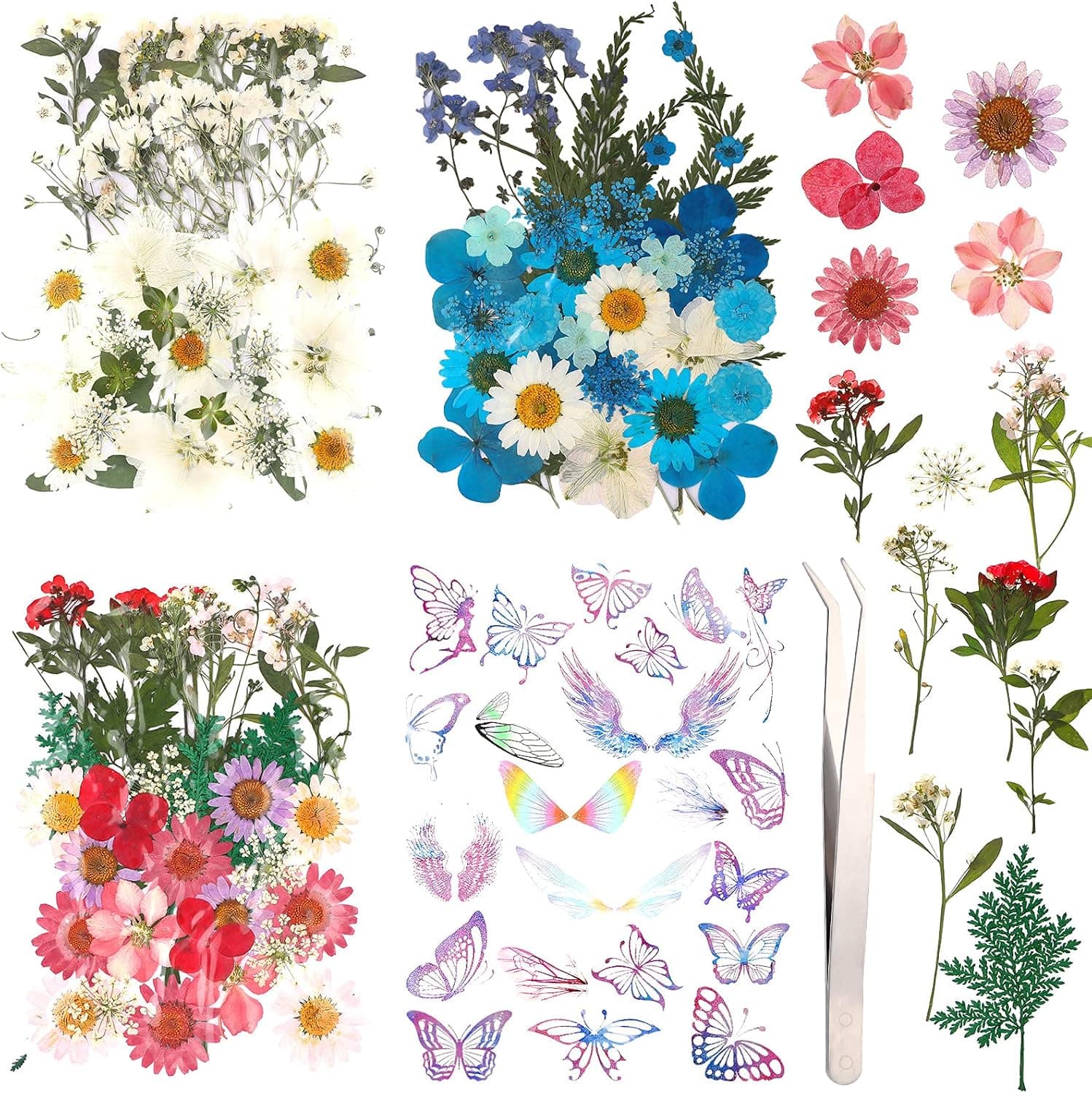180 Pieces Real Dried Pressed Flower Natural and Butterfly Transparent Stickers for Scrapbooking Crafts DIY Candles Resin Jewelry Pendant Crafts Manicure Making Art Floral with Tweezers