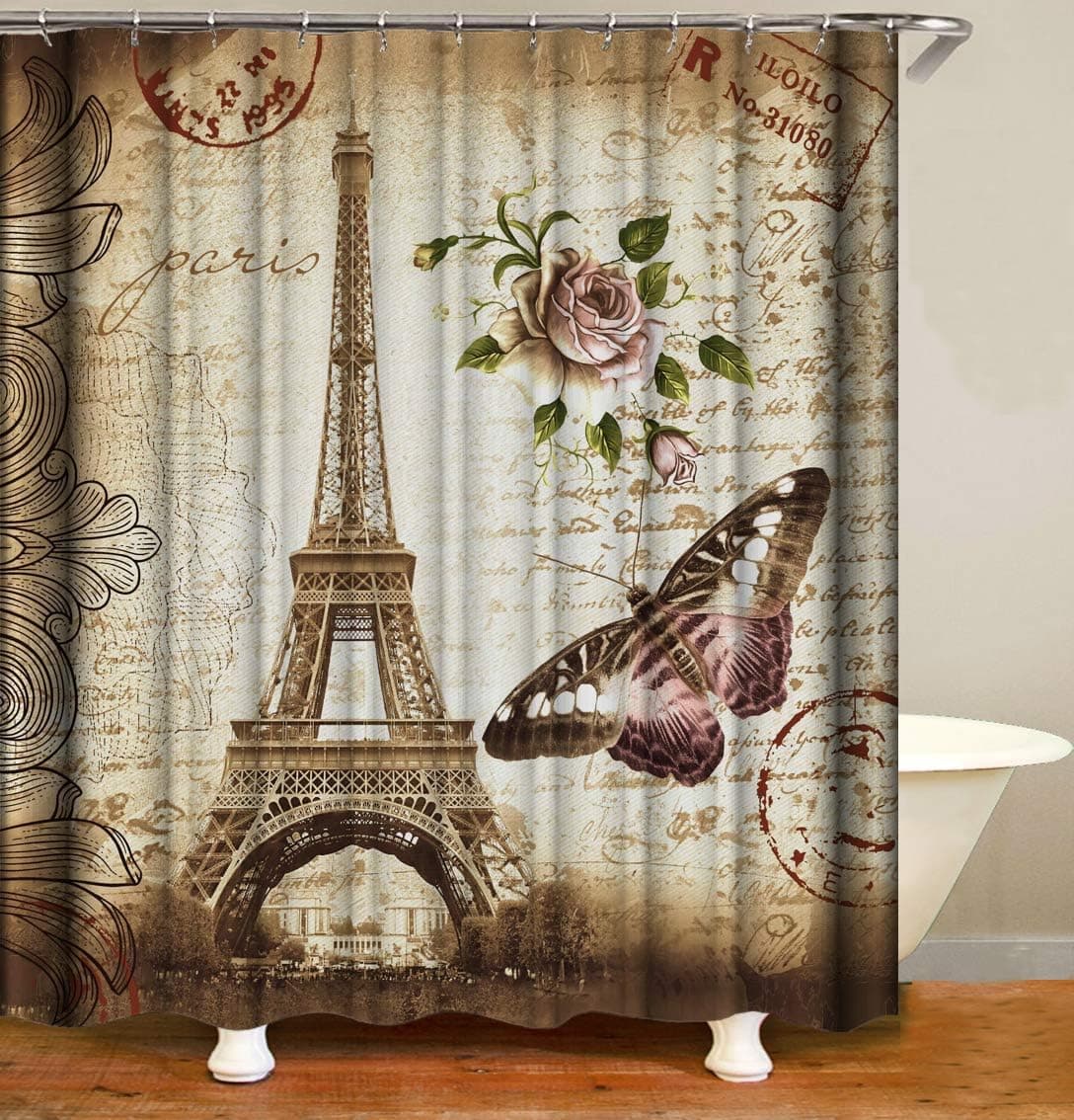 Maxwelly Vintage Eiffel Tower Shower Curtain 3D Bathroom Shower Curtain Rose Butterfly Words Fabric Bath Curtain with Hooks - 72 x 72 Inch