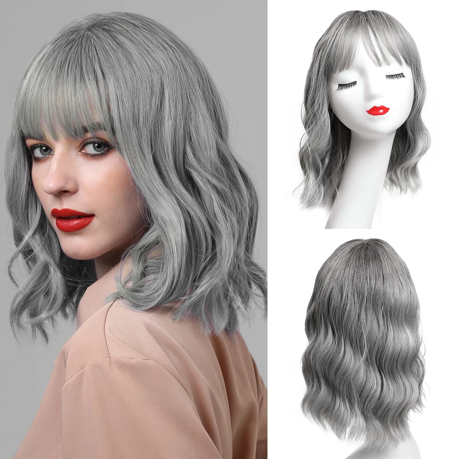 Notting 12 In Short Shoulder Soft Wavy Grey Wig With Air Bangs For Women Heat Resistant Synthetic Material No Glue Natural Look Everyday Party Cosplay Costume Use